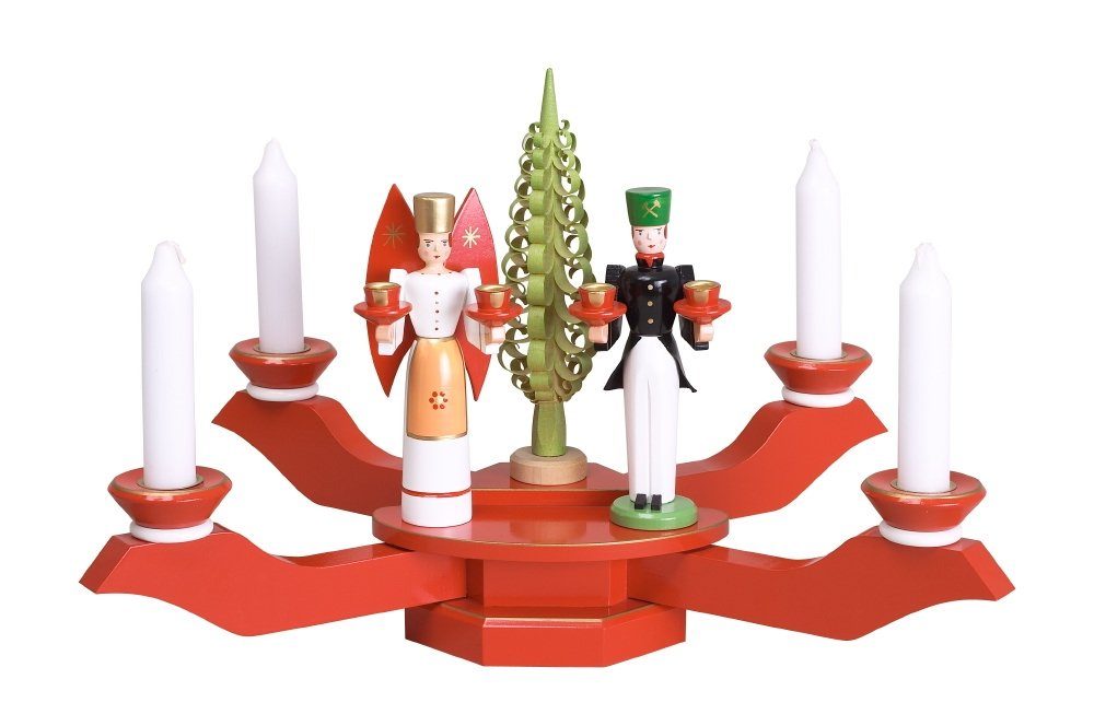 Adventsleuchter Kerzenhalter Tischleuchter rot mit Engel und Bergmann BxT =  38x38cm NE