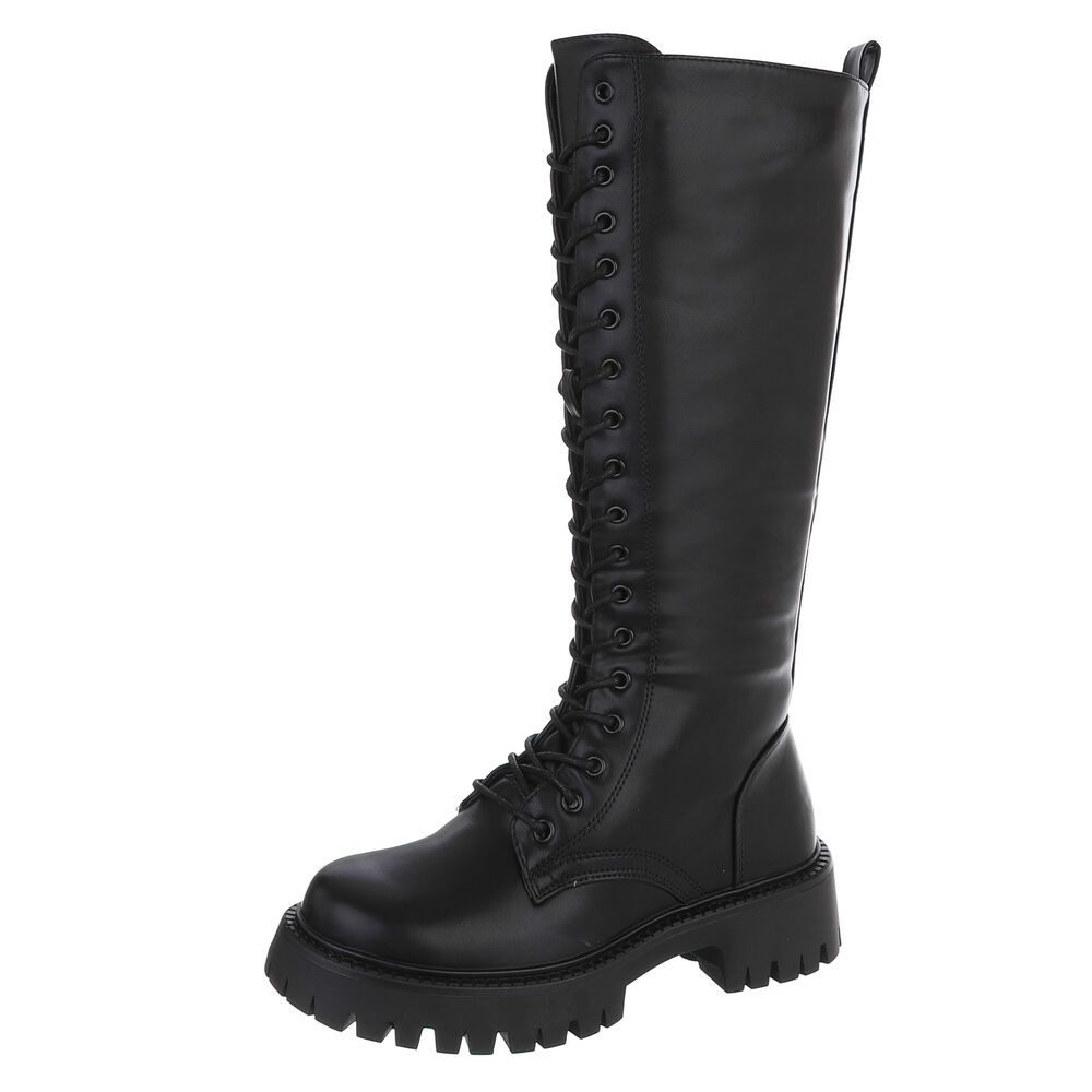 Ital-Design Kniehohe Schnürboots für Damen mit profilierter Laufsohle Plateaustiefel (91154518) Blockabsatz Stiefel in Schwarz