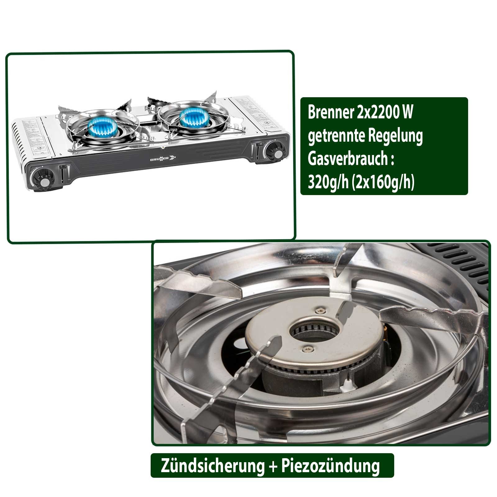 BRUNNER Gaskocher BRUNNER Camping Gaskocher 2 flammig DEVIL DOUBLE SD mit Zündsicherung