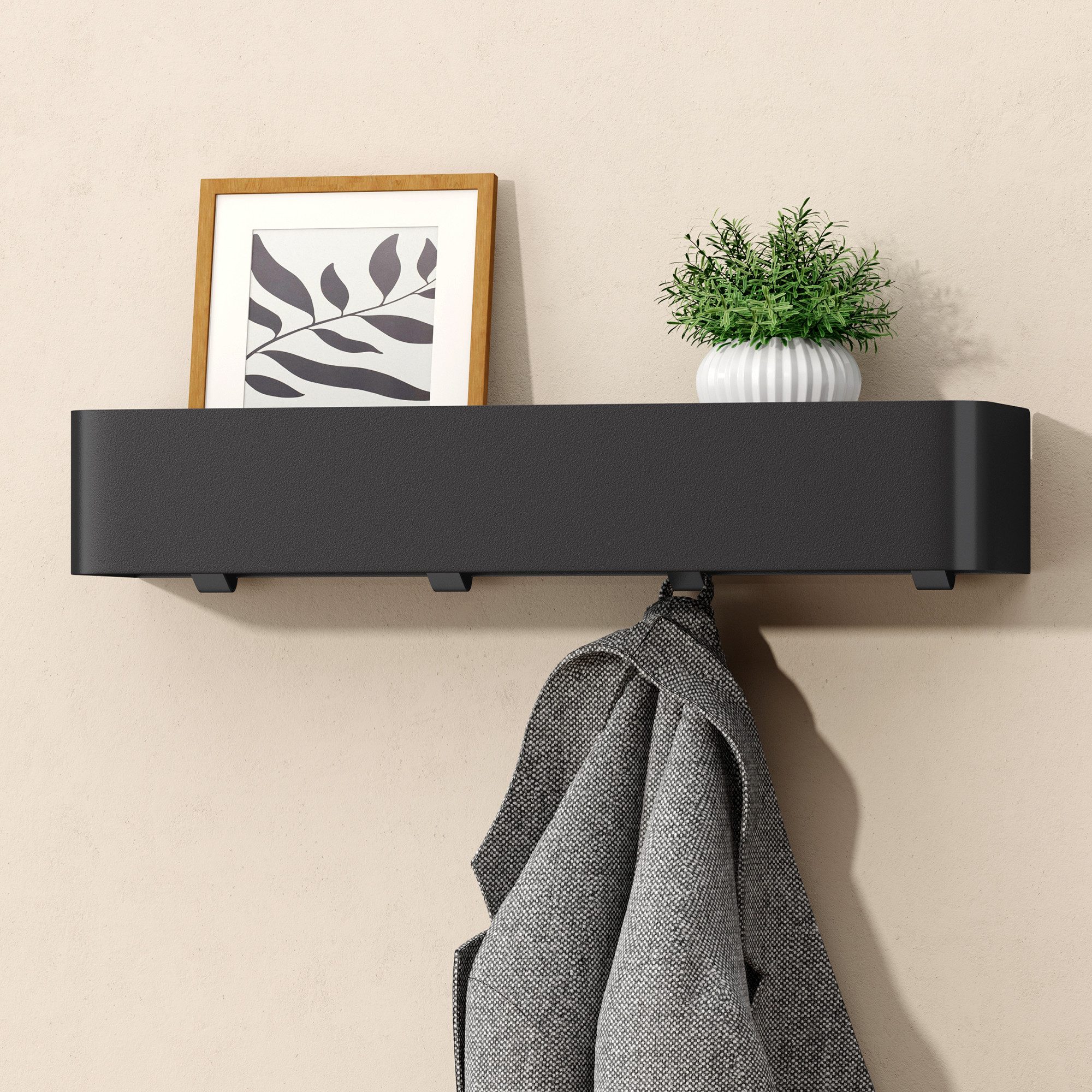doporro Garderobenleiste Wandgarderobe Hakenleiste mit Ablage aus Kohlenstoffstahl Reglo-05 (4 St), Kombination aus Ablagefläche und unteren Haken