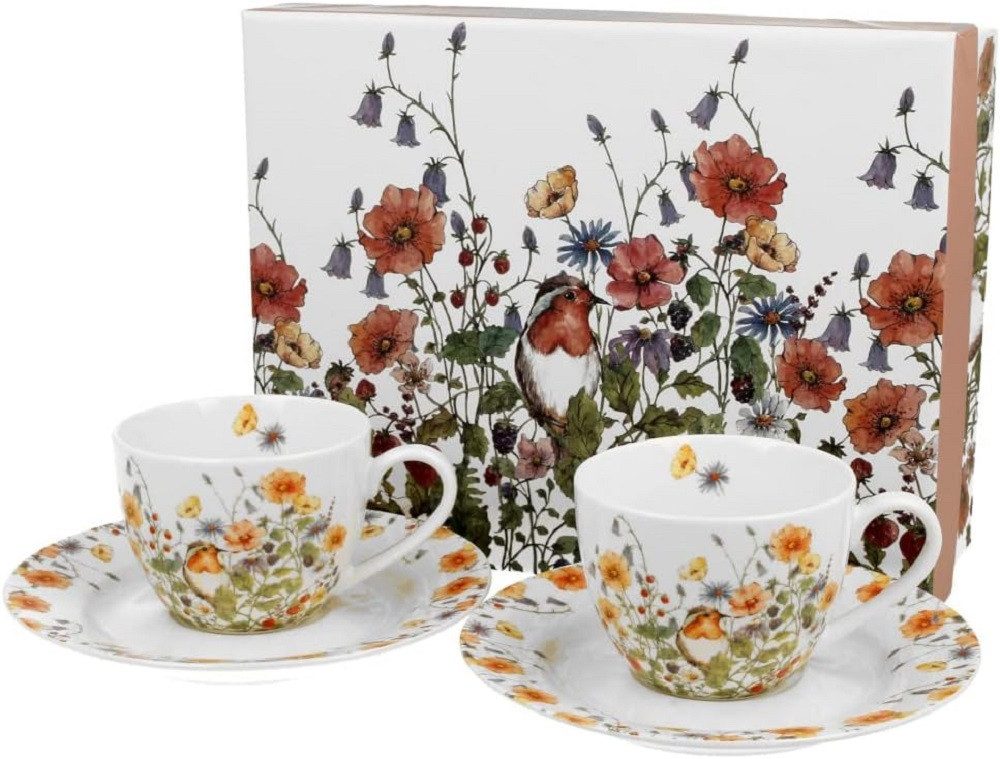 Duo-Gift Tasse Set mit Untertassen, Tieren / Vogel / Blumen - Planzen Kollektion, 4-tlg., Porzellan 2 Espressotassen / Espresso ca. 90 ml mit Untertassen: Durchmesser 12,5 cm, Blumen,WILD BIRD, Vogelchen, Vogel, Kaffee - Tee Tasse / Ideal als Geschenk / Sammlung