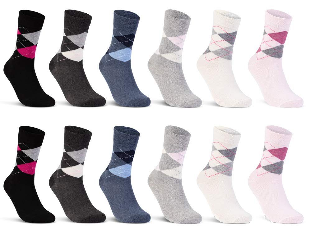 sockenkauf24 Basicsocken 6 oder 12 Paar Damen Socken Kariert Baumwolle (12-Paar, 35-38) Komfortbund Karomuster (E-800) WP
