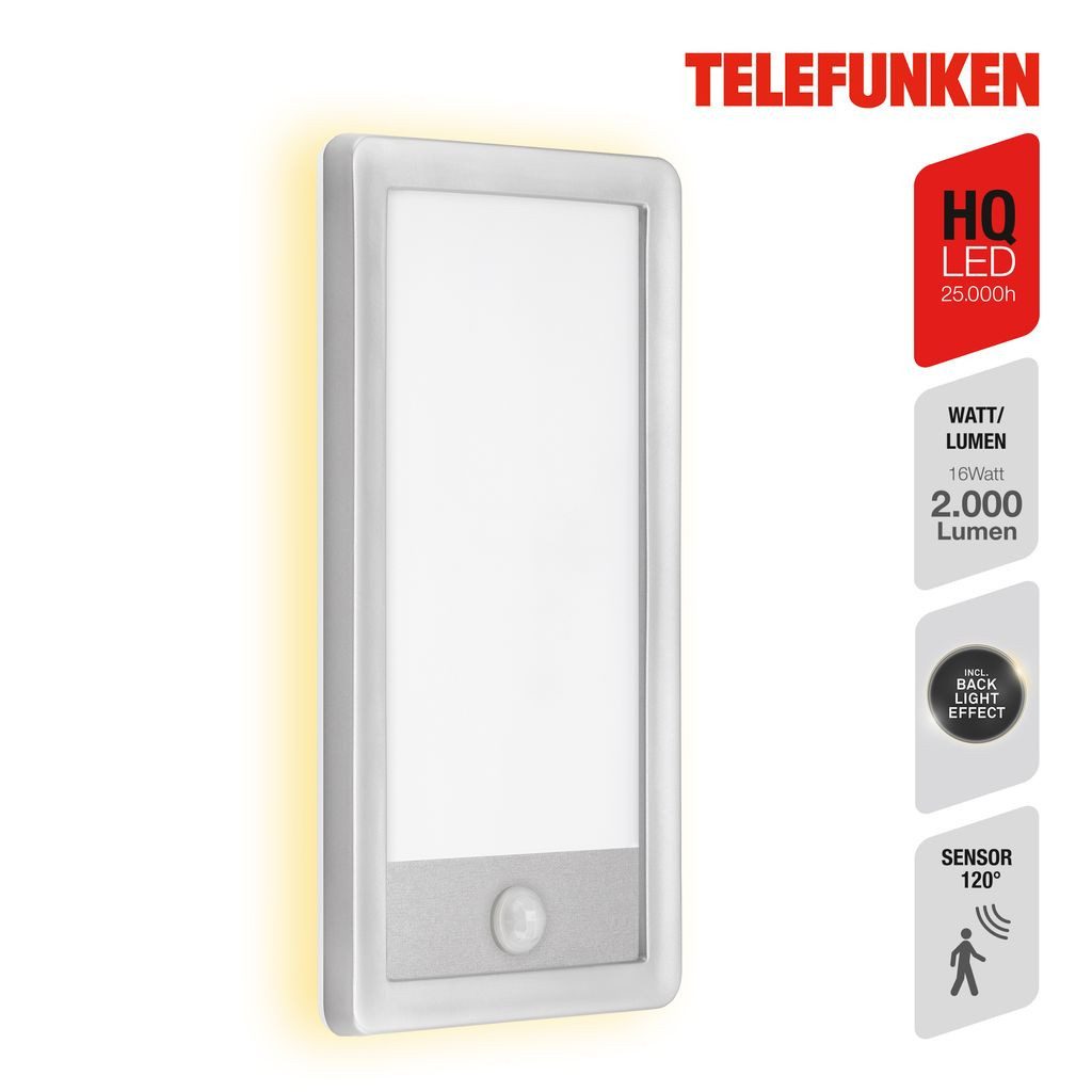 Telefunken Außen-Wandleuchte 313904TF, Leuchtdauer einstellbar, LED fest integriert, 2700K - Extra-Warmweiß, Außenleuchte IP44 Bewegungsmelder 2000lm 28x15cm