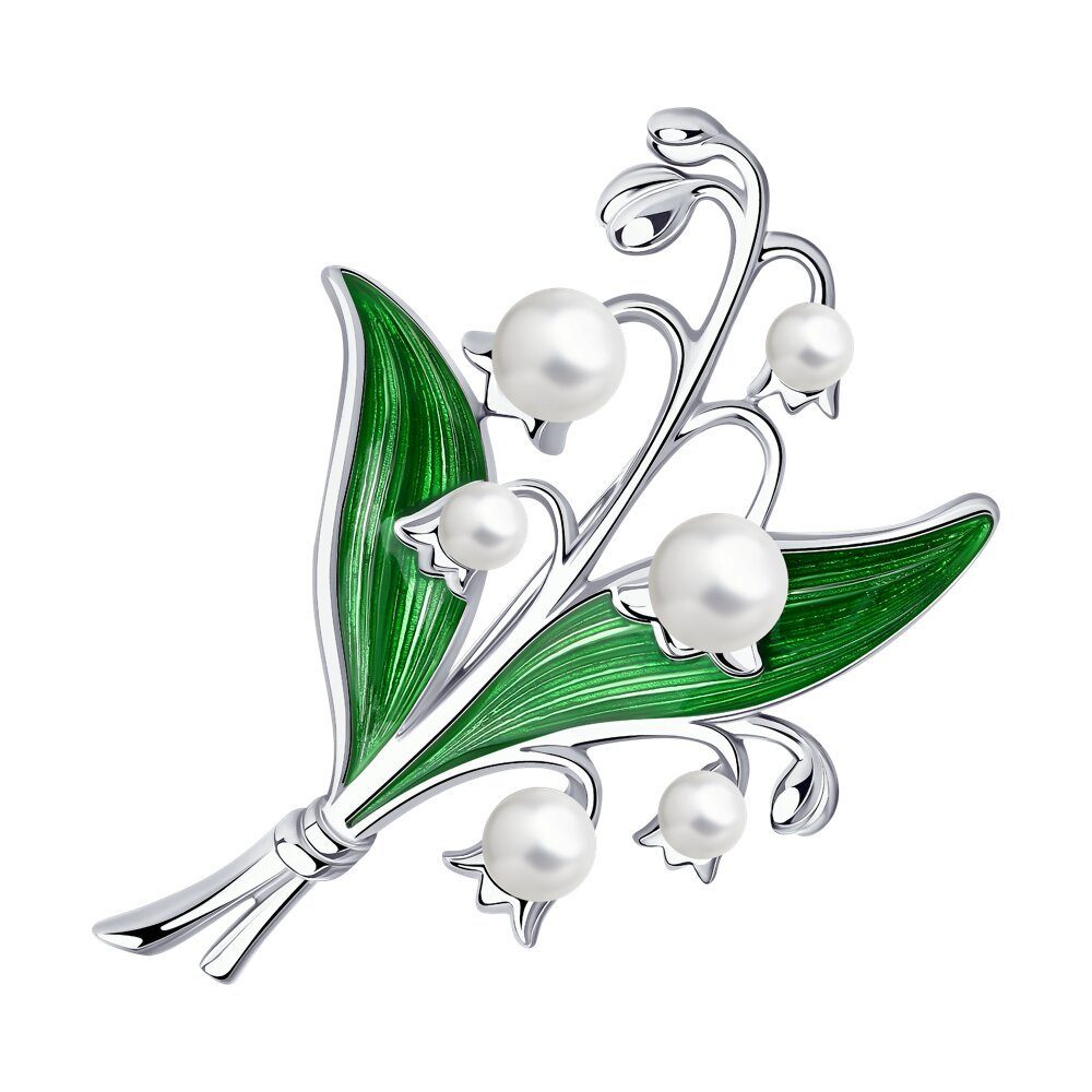 Secretforyou Brosche Brosche Anstecknadel Silber Emaille Perle Maiglöckchen