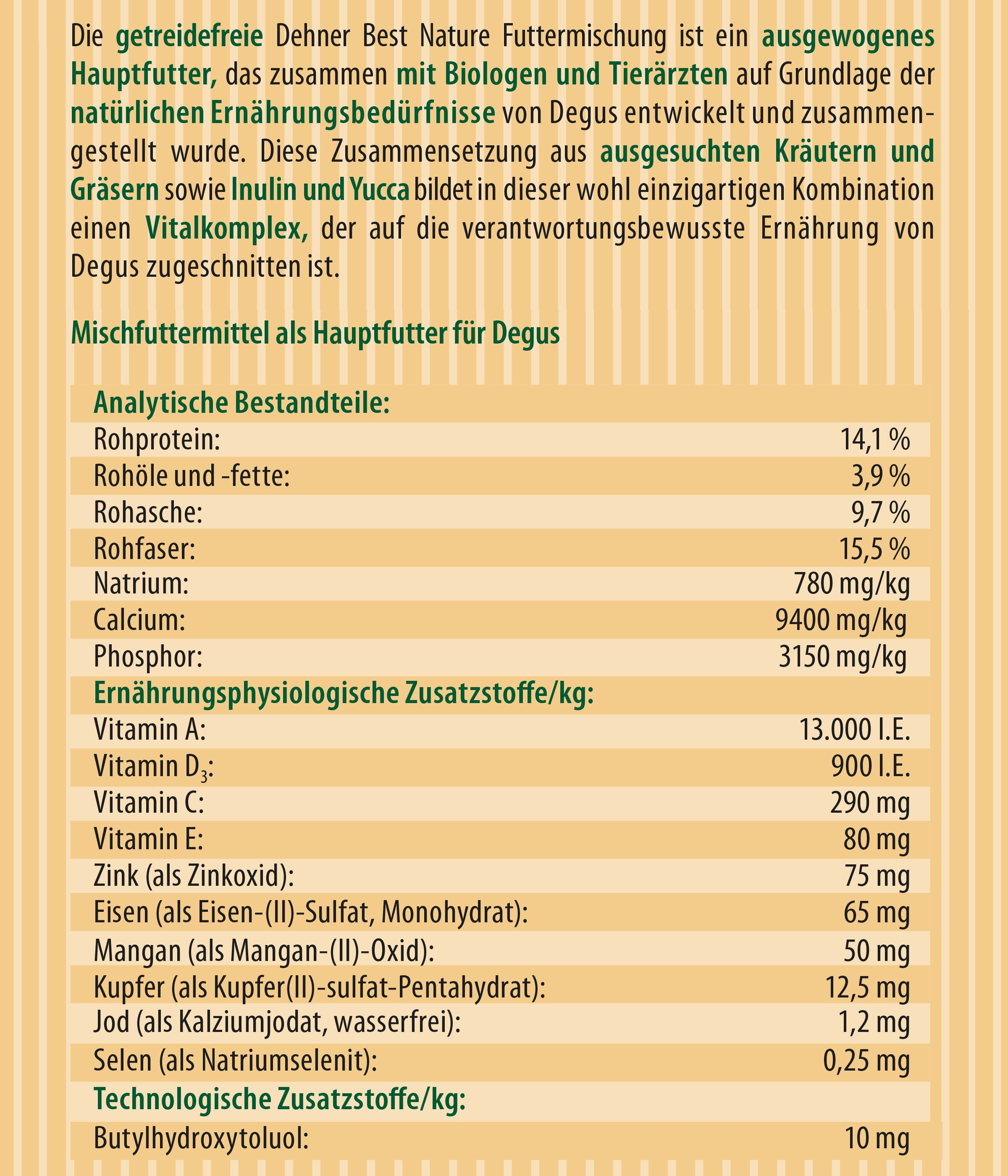 Dehner Best Nature Degu Futtermischung Adult, 2 kg, Hauptfutter für: Degus, Kleintiere, Nager, getreidefrei, Pflanzen, Kräuter, Gemüse, Rapsöl