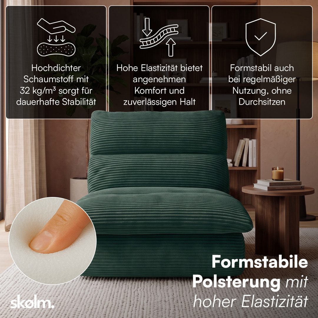 skølm Relaxsessel Sváfa aus Cord/Chenille, dick gepolsterter Vollschaumessel 11,5 cm (Cord, Dunkelgrün), vakuumiert – ohne Aufbau 