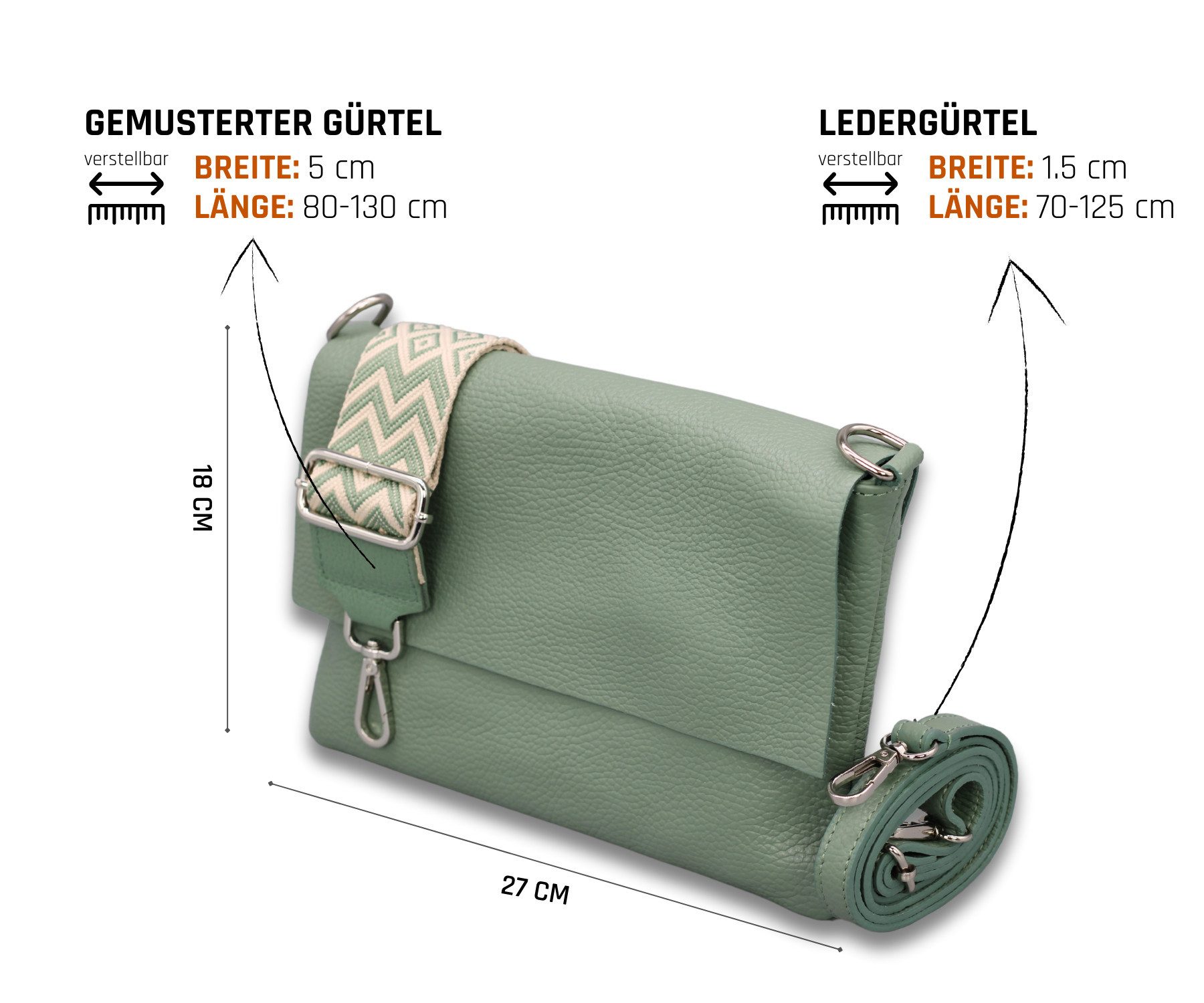 Adel Bags Schultertasche CALI Schlanke Tasche mit 3 Fächer, Slim Crossbody Bag Echtes Leder