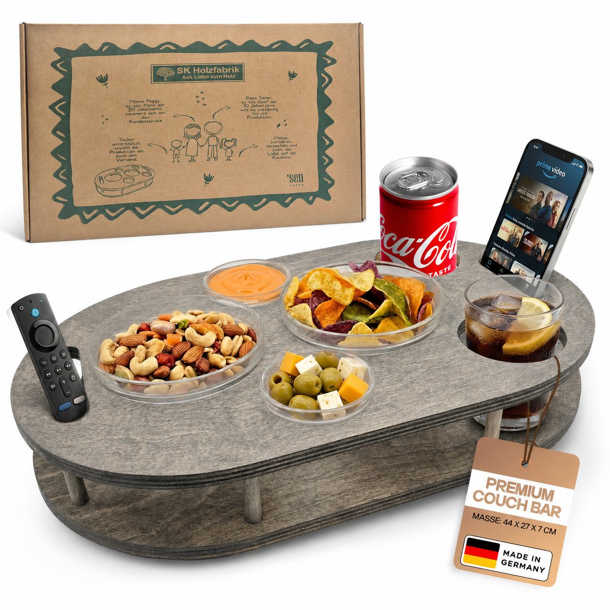 PEGSEN Servierplatte Couchbar Snackbox mit 4 Snackschalen Couch Tablett, Birkenholz, (Set, 5-tlg., 4x Glasschalen), Getränke & Snacks stehen stabil