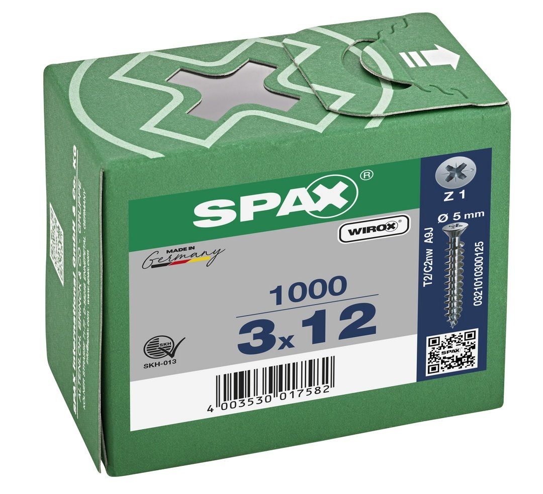 SPAX Spanplattenschraube Universalschraube, (Stahl St), 3x12 verzinkt, mm 1000 weiß