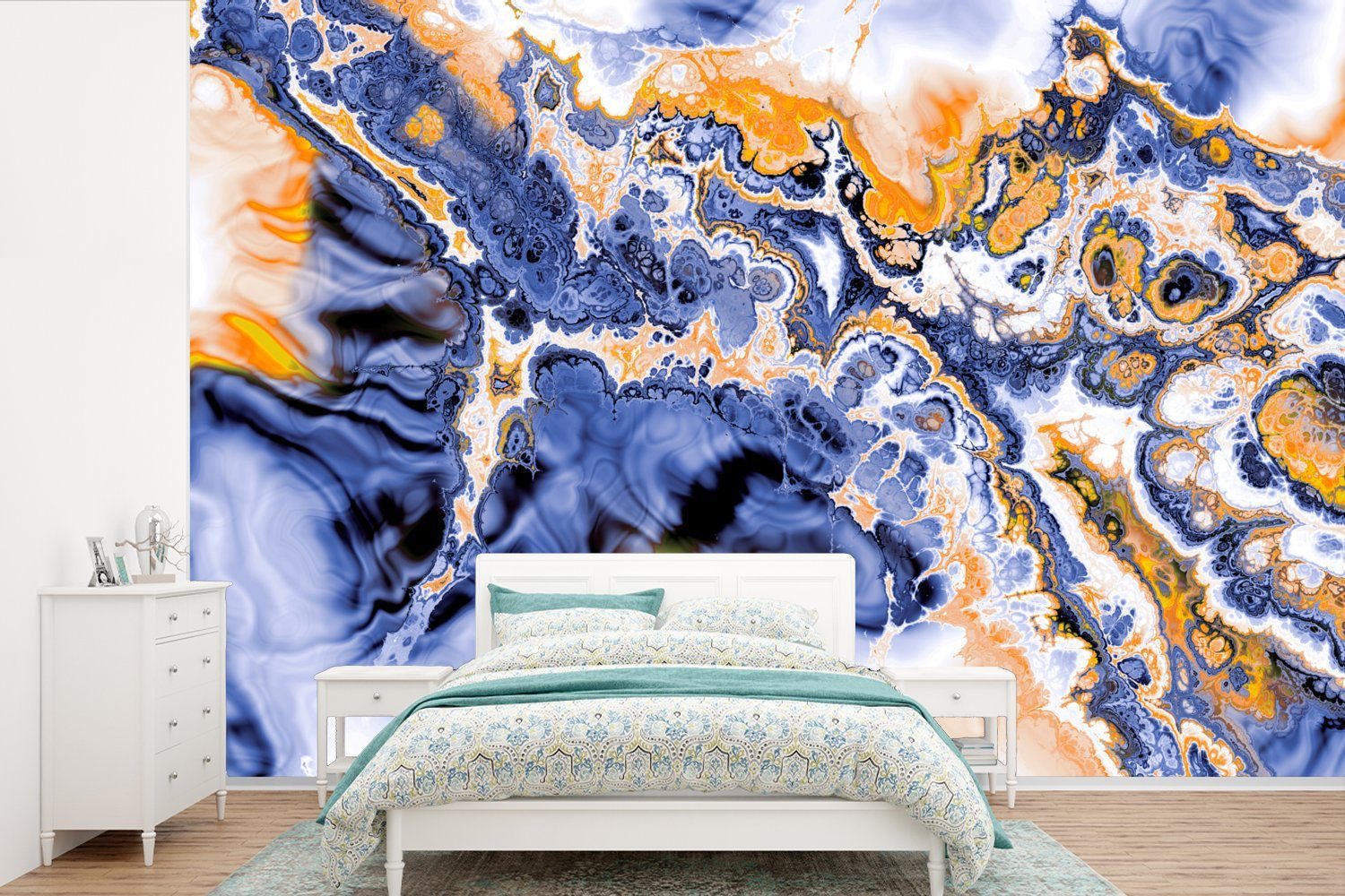 MuchoWow Fototapete Marmor - Orange - Blau, Matt, bedruckt, (6 St), Wallpaper für Wohnzimmer, Schlafzimmer, Kinderzimmer, Vinyl Tapete