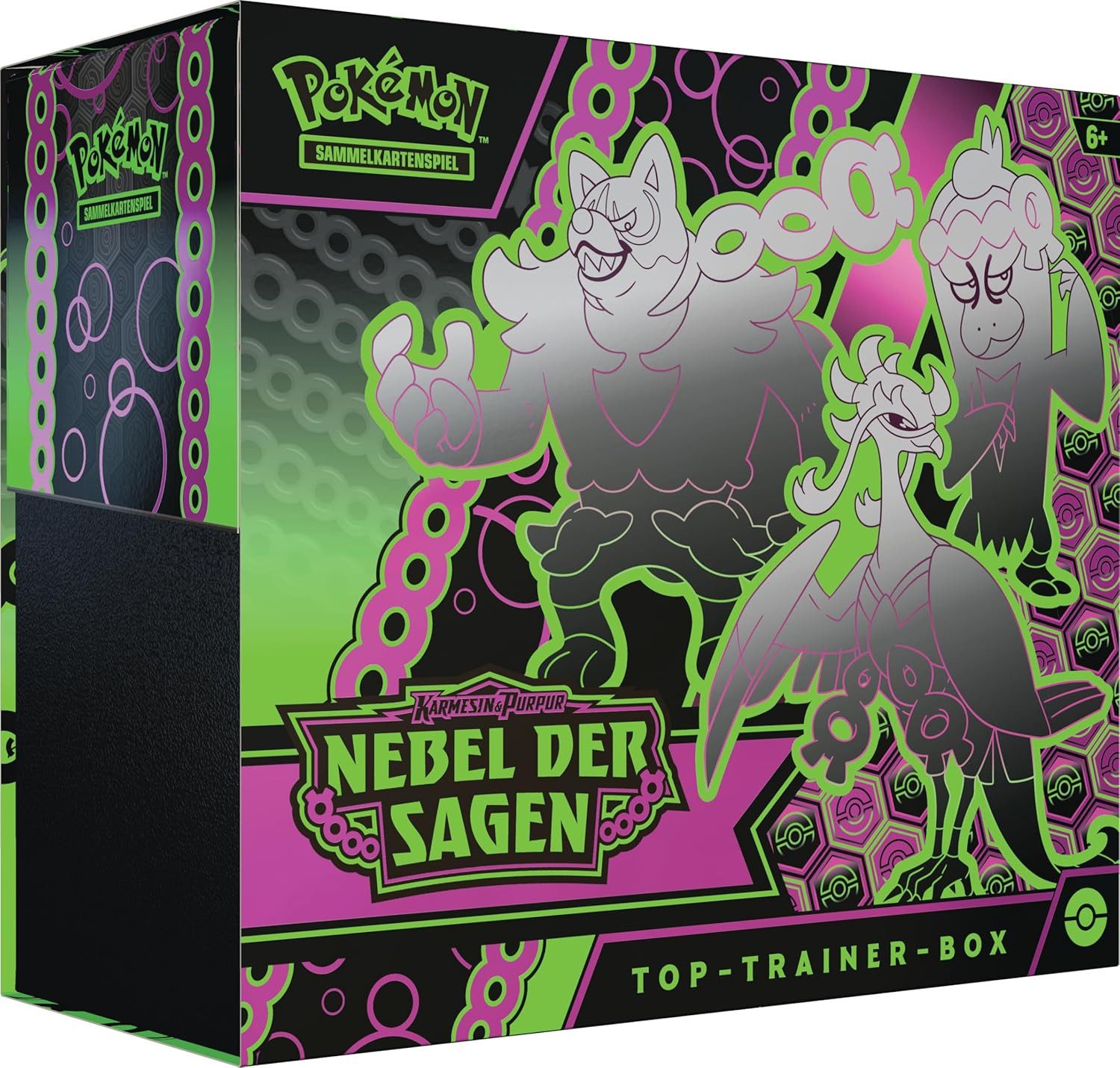 POKÉMON Sammelkarte Karmesin & Purpur: Nebel der Sagen Top-Trainer-Box Deutsch, Inkl. 9 Booster Packs und Zubehör