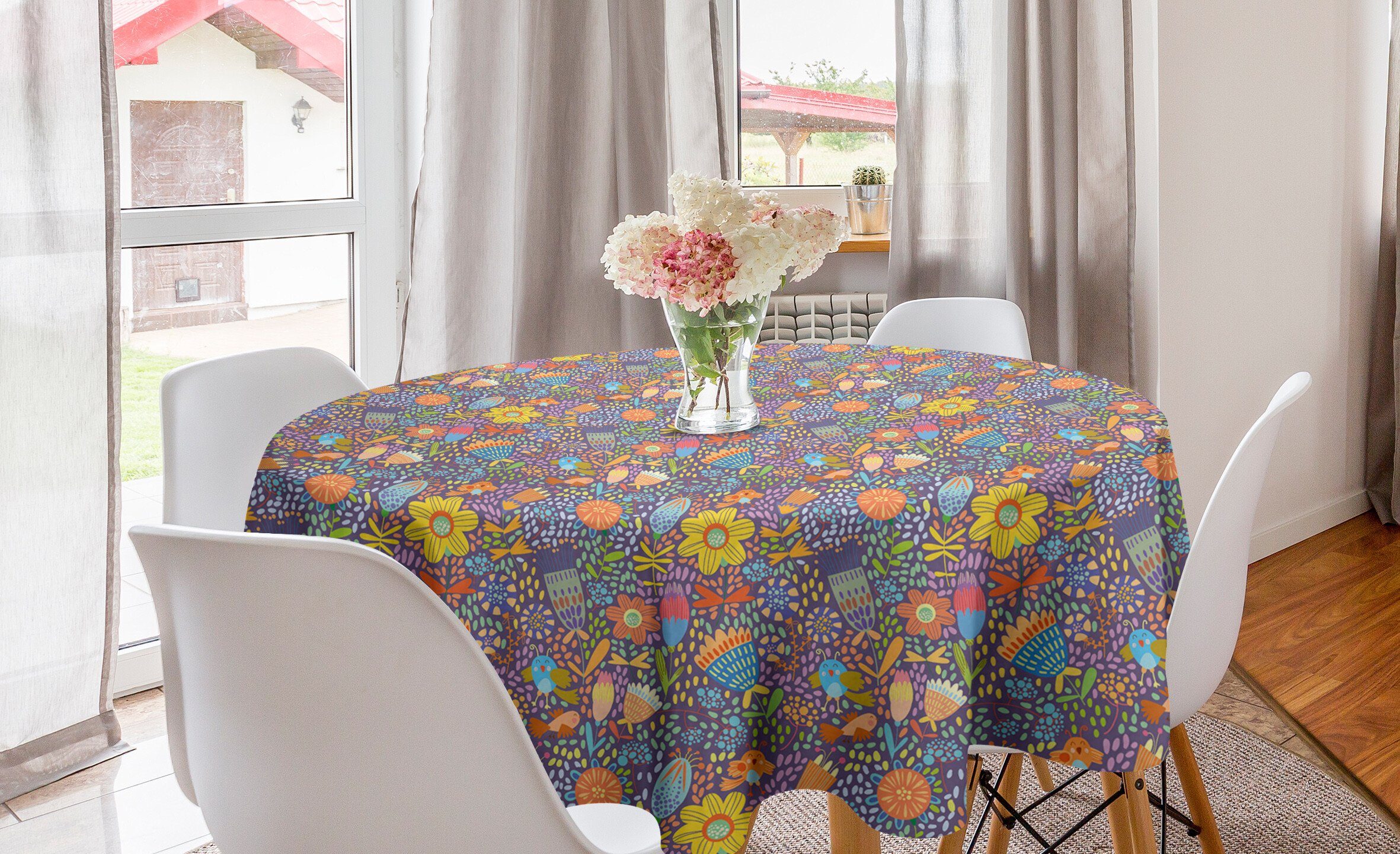 Abakuhaus Tischdecke Kreis Tischdecke Abdeckung für Esszimmer Küche Dekoration, Wunderlich Blumen und Vögel
