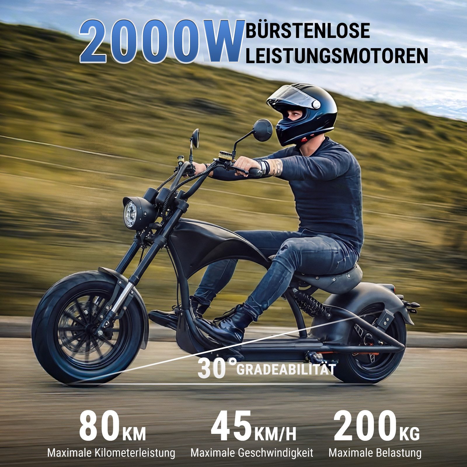 Vankel E-Motorroller M1P E-Chopper 2000W, 1800Wh, 80km Reichweite, Retro-Elektro-Scooter, 2000 W, 45 km/h, Straßenzugelassener E-Chopper für Stadt & Freizeit, & 200kg Zuladung