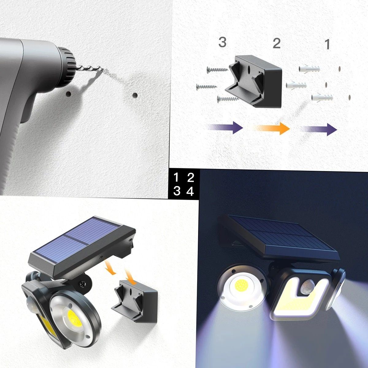 LED LED fest Wandleuchte Solarlampe Weitwinkelbeleuchtung 270 83 3 mit pack, für LED ° Außen Garten,2 Bewegungsmelder, Fluter Modi, LEDs Daskoo Solarleuchte integriert,