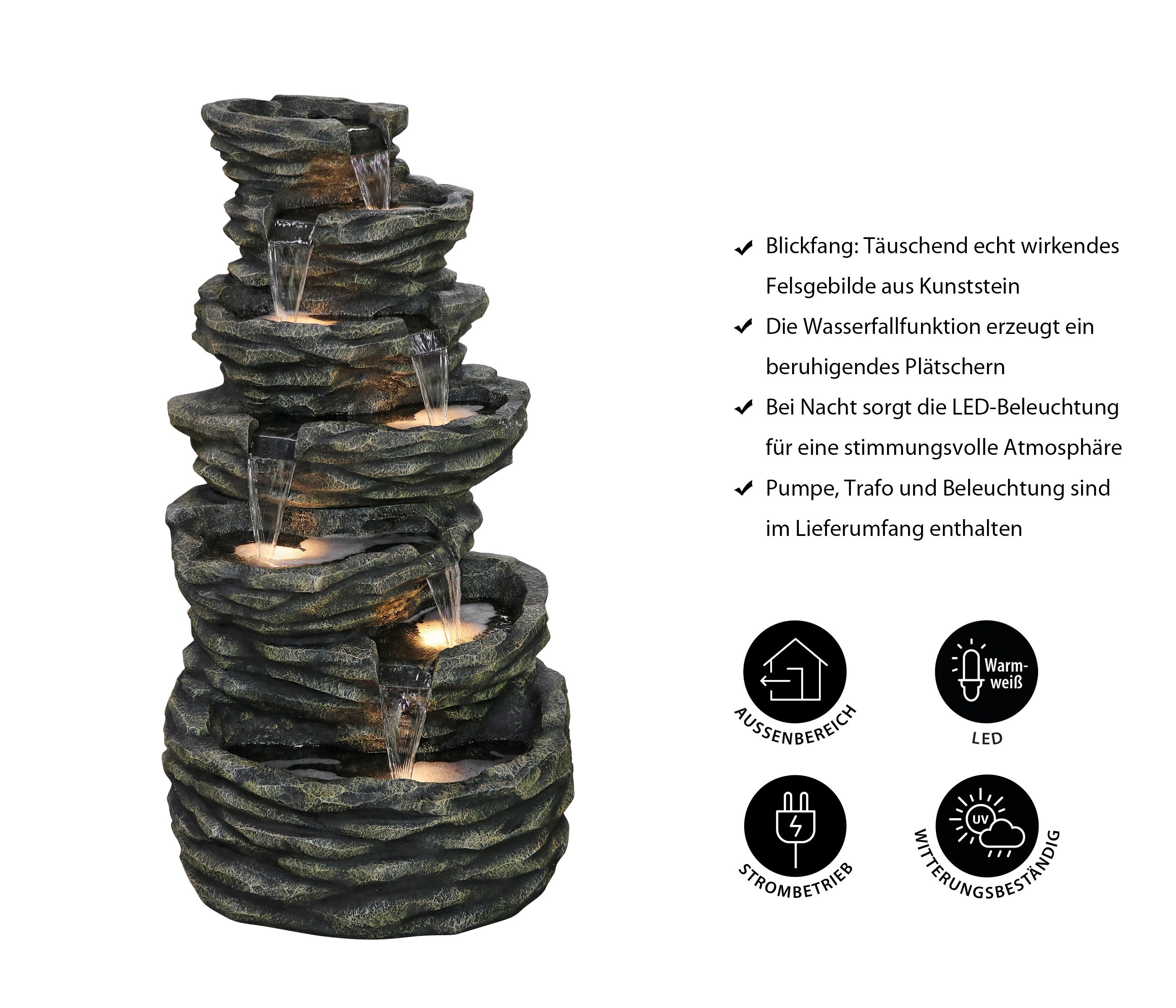 Dehner Gartenbrunnen Roccia mit LED-Beleuchtung, 87 x 81.5 x 150 cm, Polyresin, inkl. Pumpe / Trafo / LED-Beleuchtung