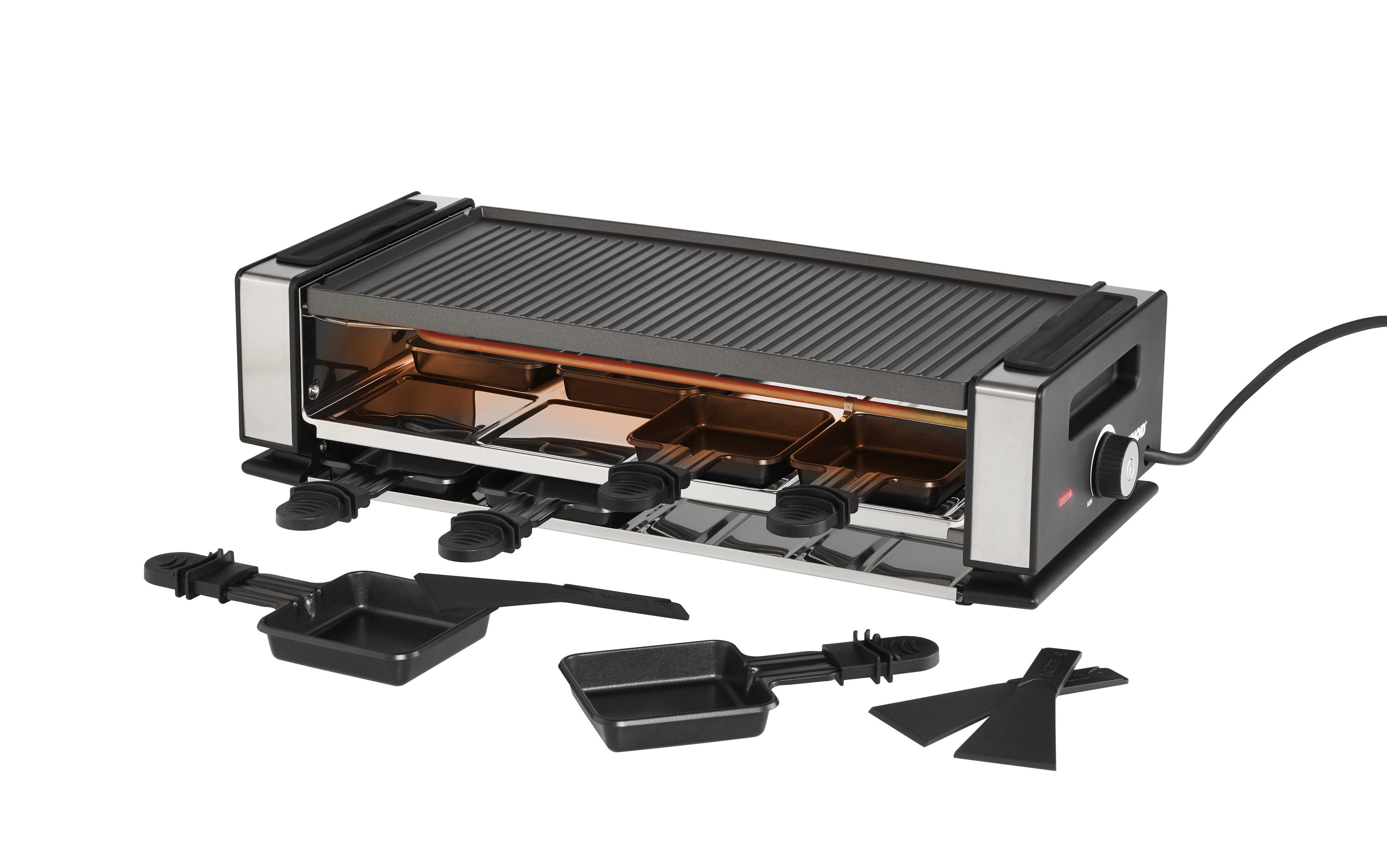 Unold Raclette Raclettebundle Smokeless mit Raclettebuch 487859, 8 Raclettepfännchen, 1200 W, mit Abzugshaube wendbare Grillplatte