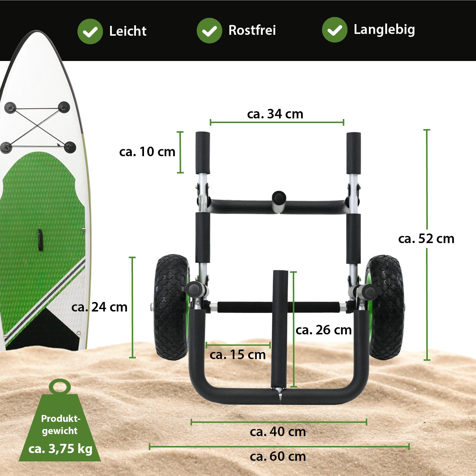 TRUTZHOLM SUP-Transportwagen 2 SUP's klappbares mit Polsterung PU-Räder inkl.2 Sicherheitsgurte, klappbar, pannensicher, abnehmbare Räder