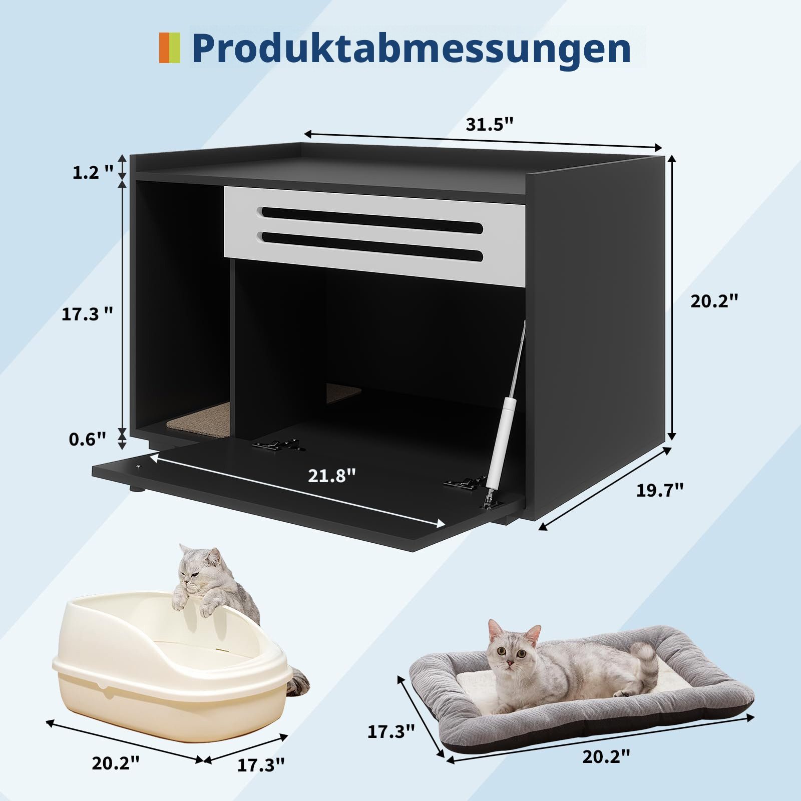GarveeMore Katzenhaus Katzentoiletten-Schrank mit Seitentür, erhöhter Rand, Belüftung, Zweifarbiges Design, 1 Tür, 2 offene Fächer
