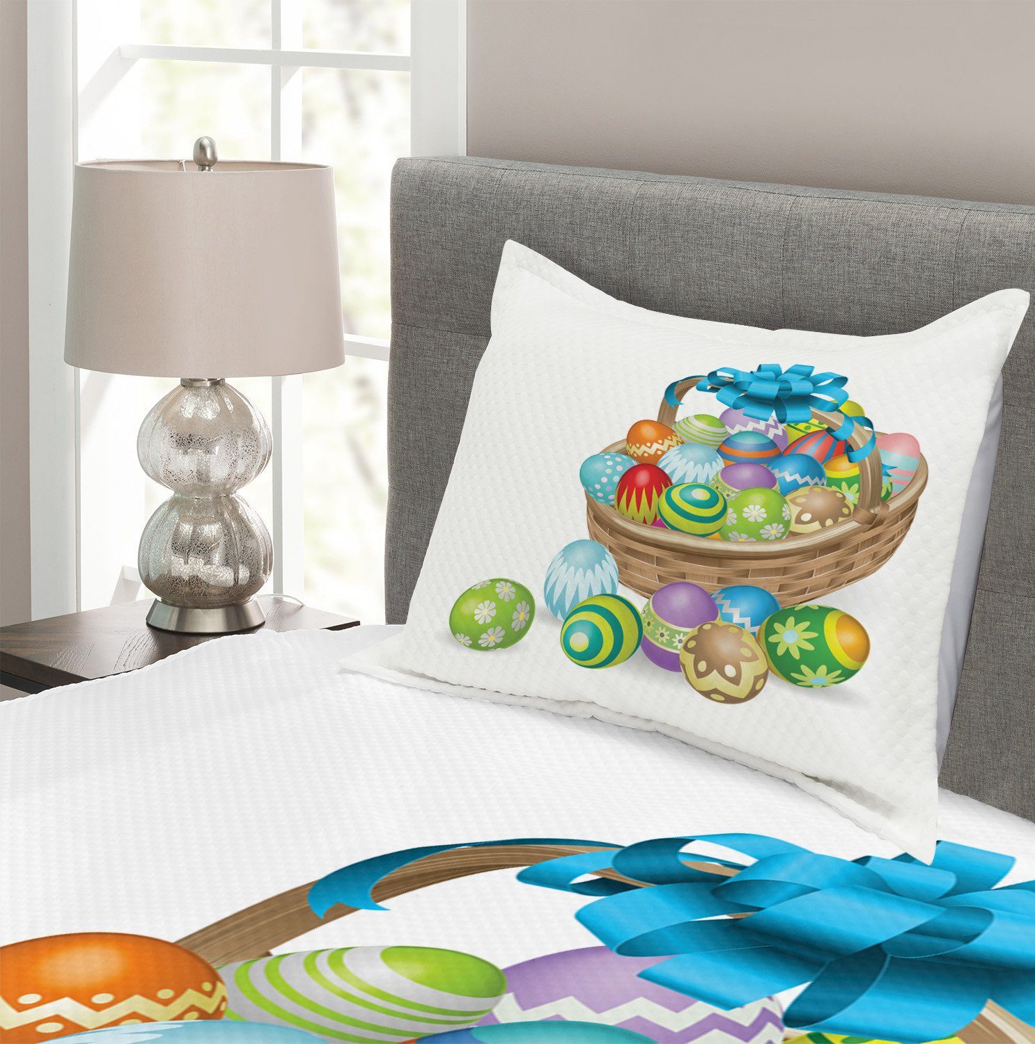 Tagesdecke Set mit Kissenbezügen Waschbar, bunten Korb Ostern mit Abakuhaus, Eiern