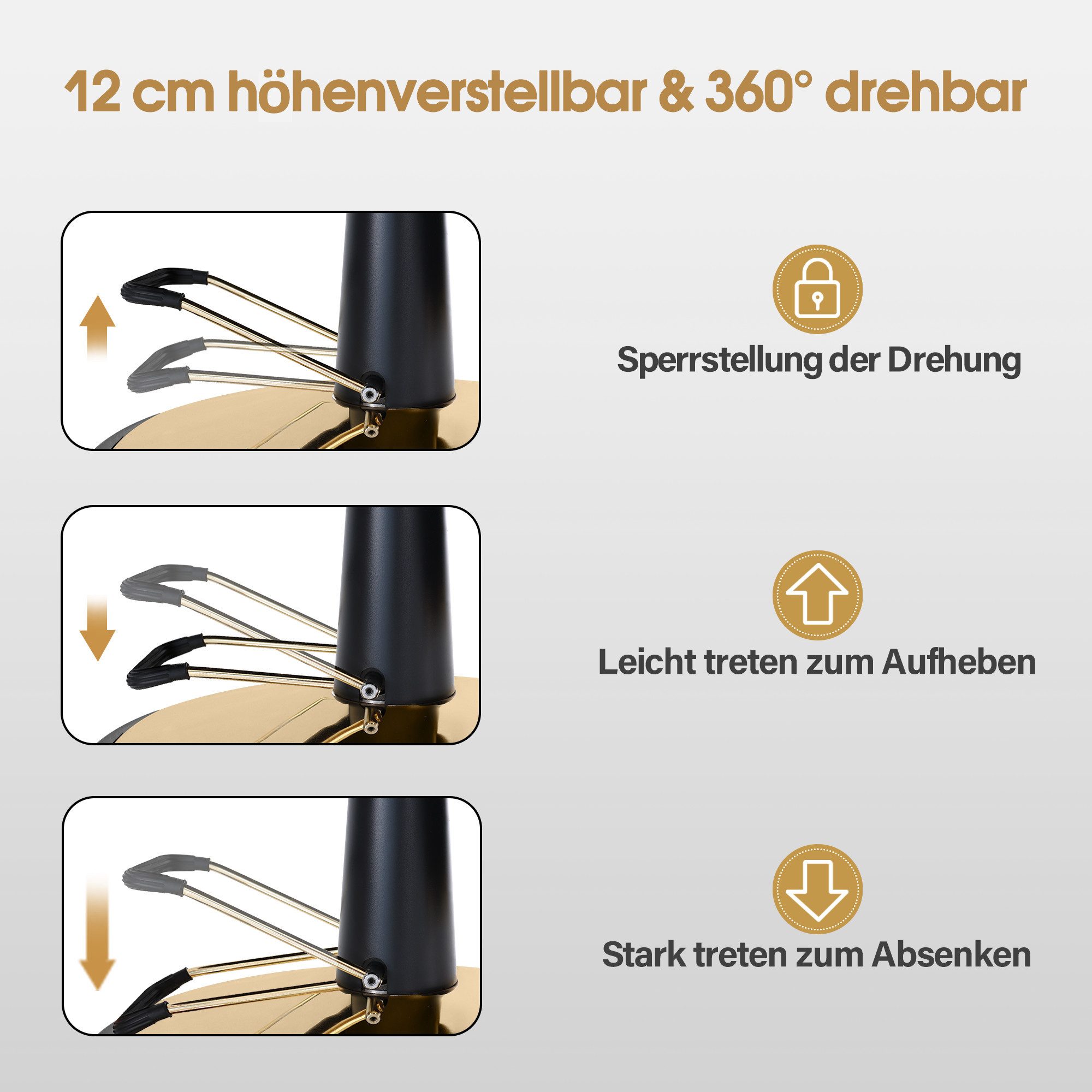 Barberpub Stuhl Barberpub Friseurstuhl Friseureinrichtung 9671 (Gold-Schwarz), mit Kopfstütze Kippbar, Höhenverstellbar, Drehbar – Bild 5 von 5