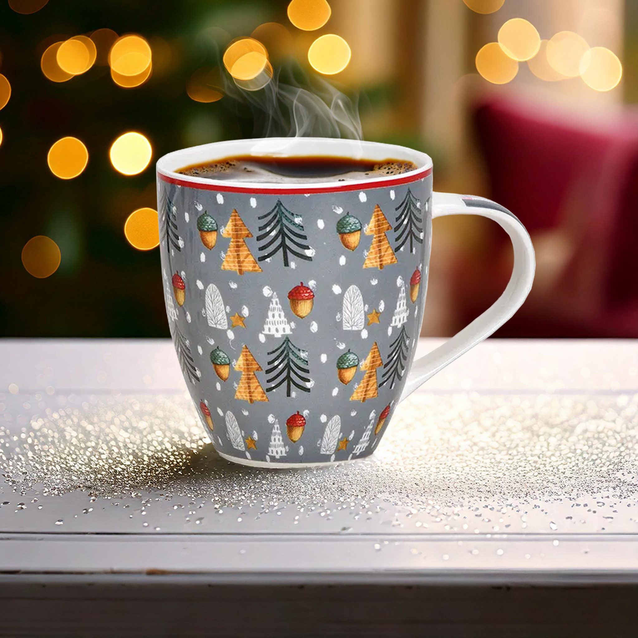matches21 HOME & HOBBY Tasse Grosse Weihnachtstassen 2er Set Bäume Kaffeetassen, 2-tlg., Porzellan, Tee Kaffee-Becher, Weihnachten, modern, grau weiss bunt, 400 ml