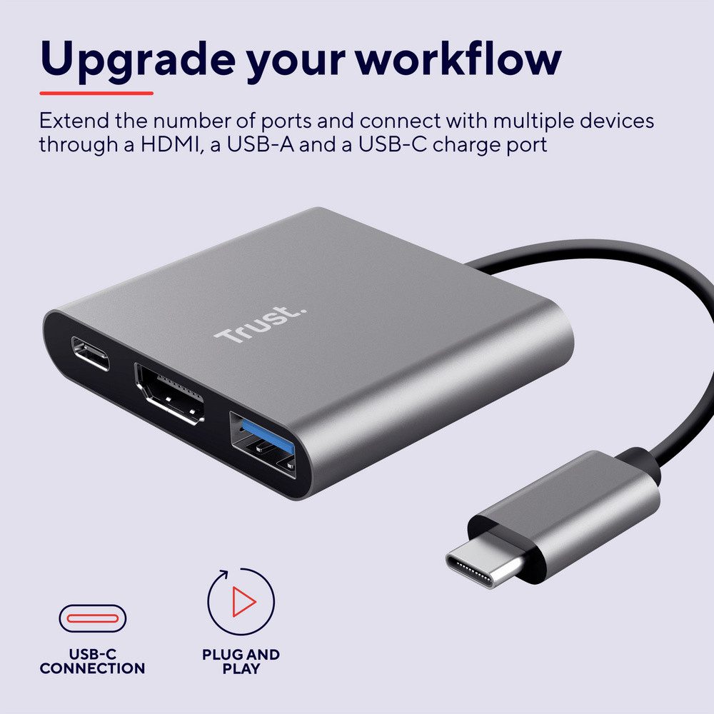 Trust Laptop-Dockingstation Trust USB-C® Dockingstation DALYX 3-IN-1 USB-C ADAPTER Passend für Ma
