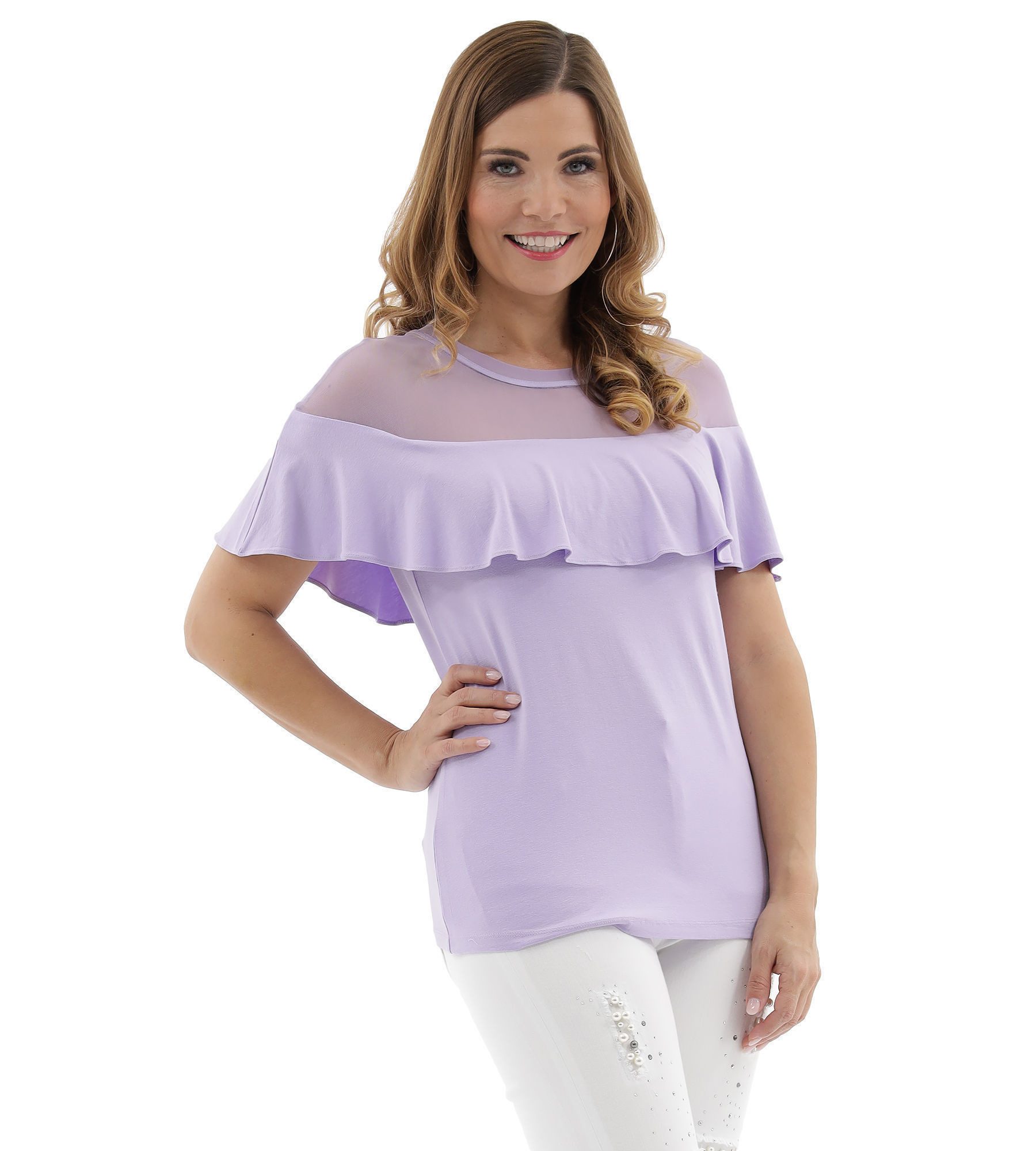 Sarah Kern Carmenbluse T-Shirt figurbetont mit Netzeinsatz bis Rundhals