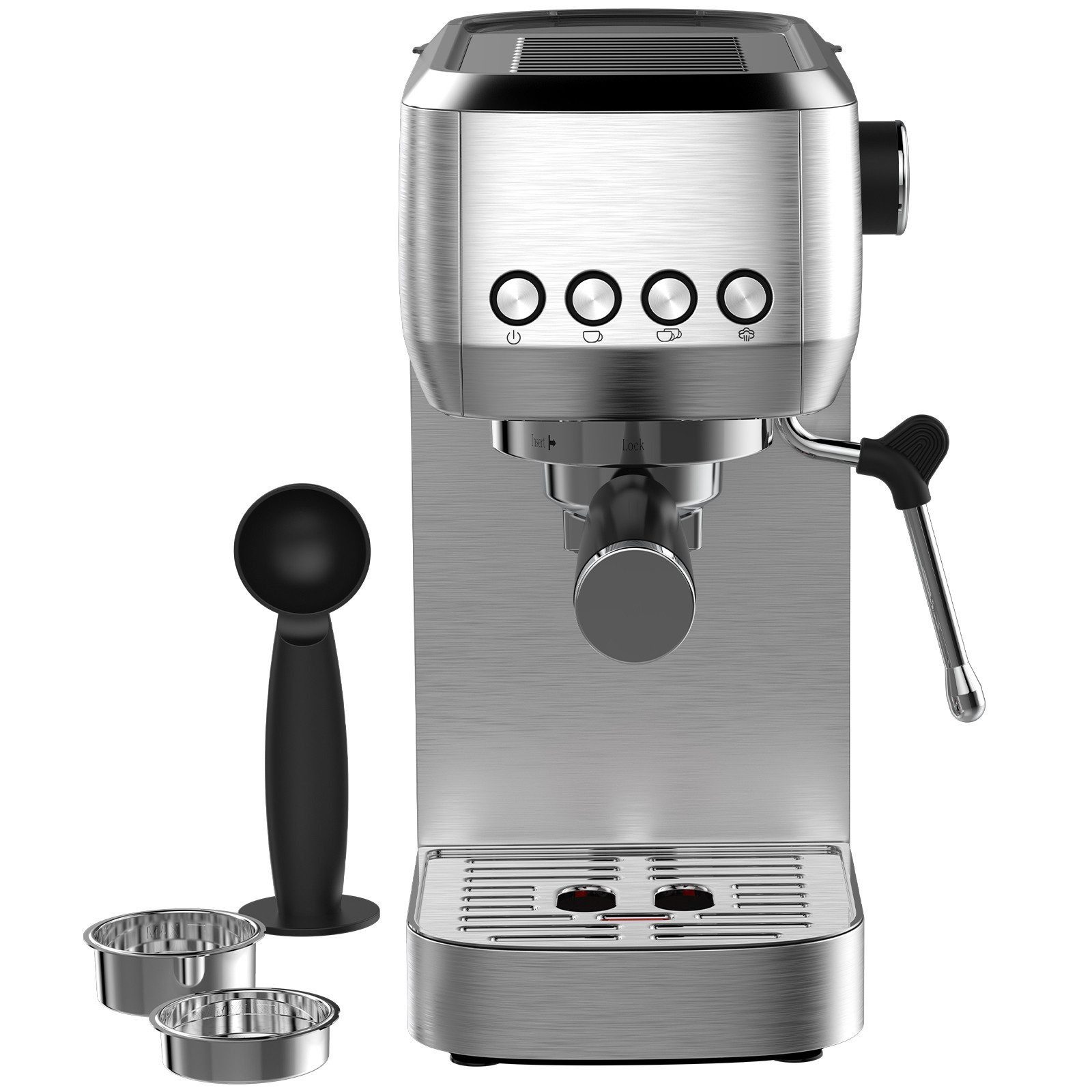 AIMAX Espressomaschine Siebträgermaschine 20 Bar – Kaffeemaschine aus Edelstahl mit Milchaufschäumer, Klassische Tastensteuerung, Kaffeekanne, Edelstahlfilter 51mm, 1350 W, 1,3L Wassertank, für Espresso, Latte Macchiato & Cappuccino