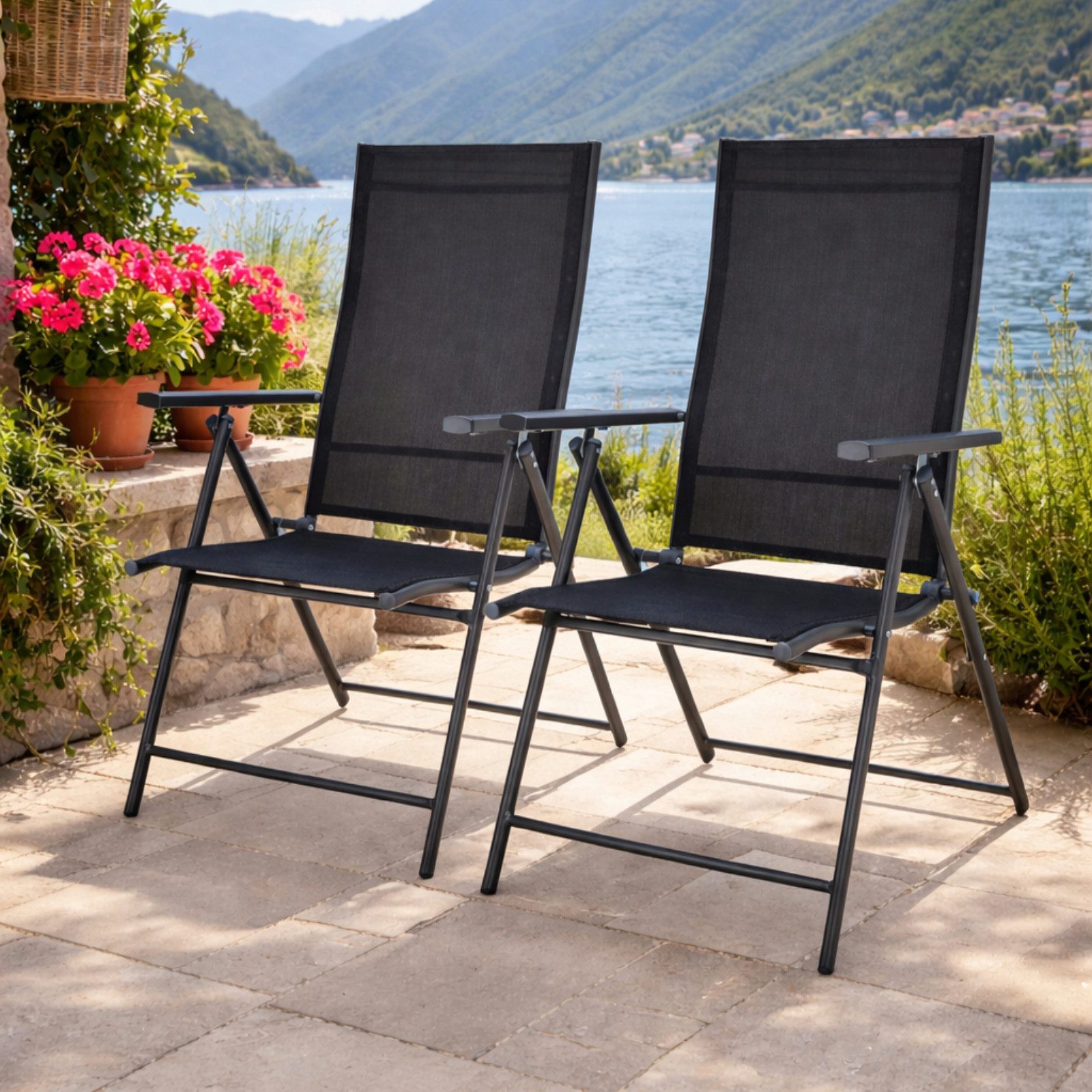 Progarden Gartenstuhl Hochlehner Klappstuhl Anthrazit 2 er Set (Set, 2 St), Hochwertig Verarbeitet, Klappbar, Lehne verstellbar, Faltbar, Stahl