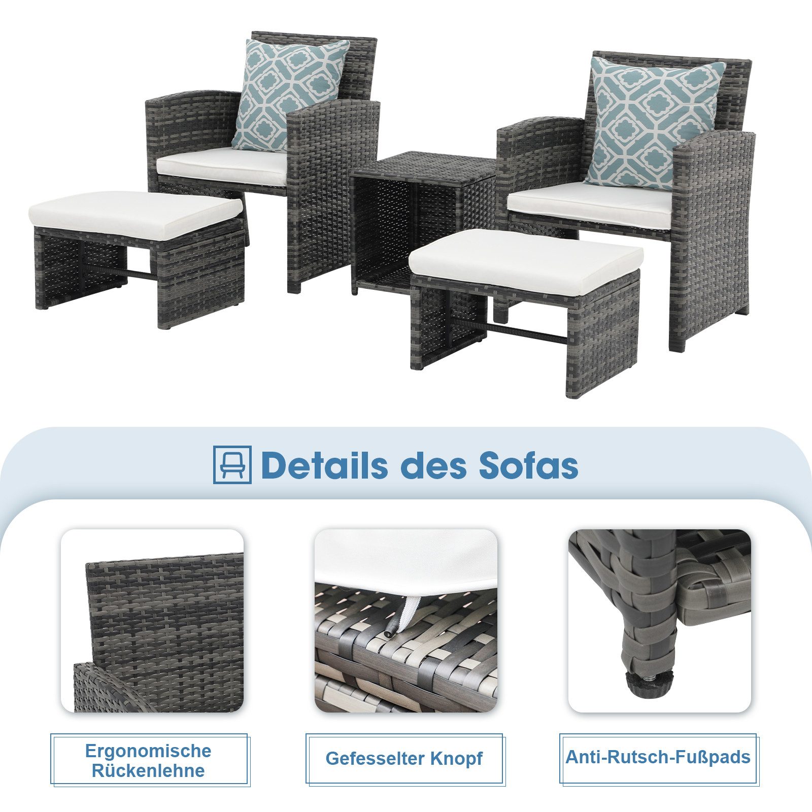 JOIVI Balkonset Balkonmöbel-Set, 5-tlg Rattan Gartenmöbel-Set, (2er Gartensessel mit Beistelltisch&Hocker,Gartensitzgruppe inkl), Sitzkissen&Rückenkissen, Gartensofa Set für Garten Indoor Balkon, Weiß