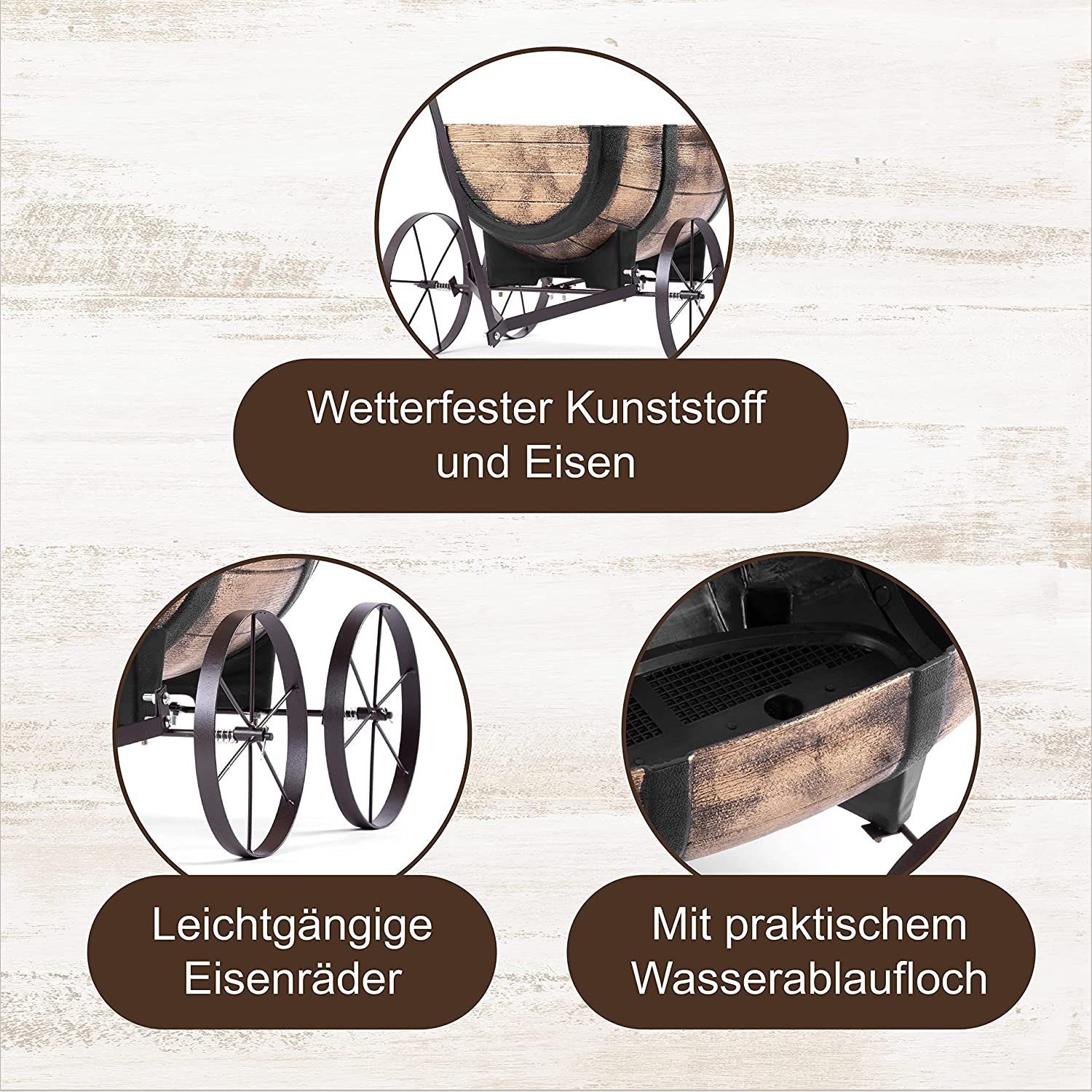 PROREGAL® Blumentopf Pflanzenwagen Whiskyfass, Maße 41x29x19cm, Blumenwagen auf Rädern – Bild 5 von 5