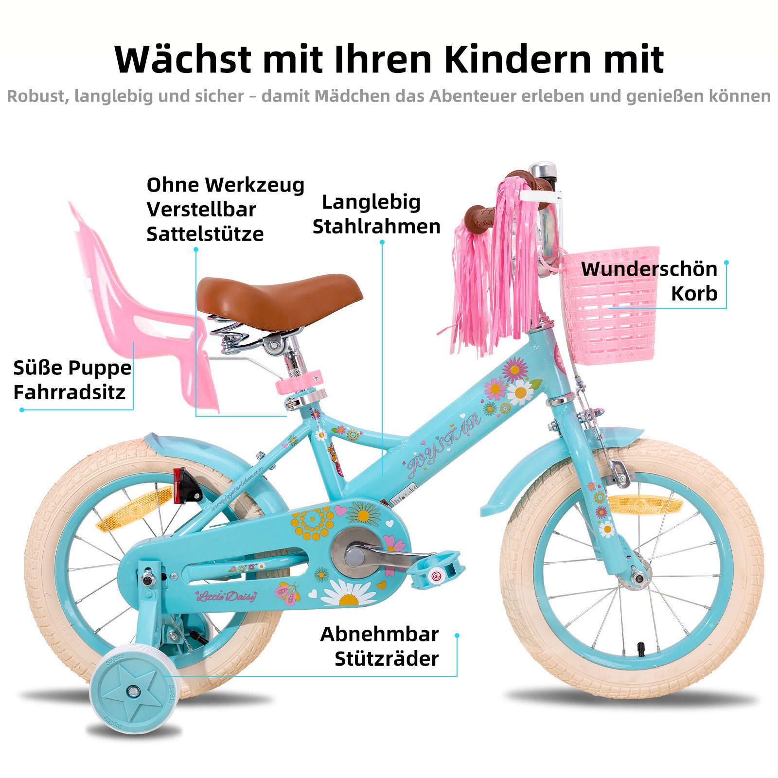 JOYSTAR Kinderfahrrad 12/14/16 Zoll fahrrad für 2-7 Jahre Mädchen, Geschenk für Prinzessin, Mit Puppensitz, Bändern, Stützrädern, Korb, süßen Kritzeleien