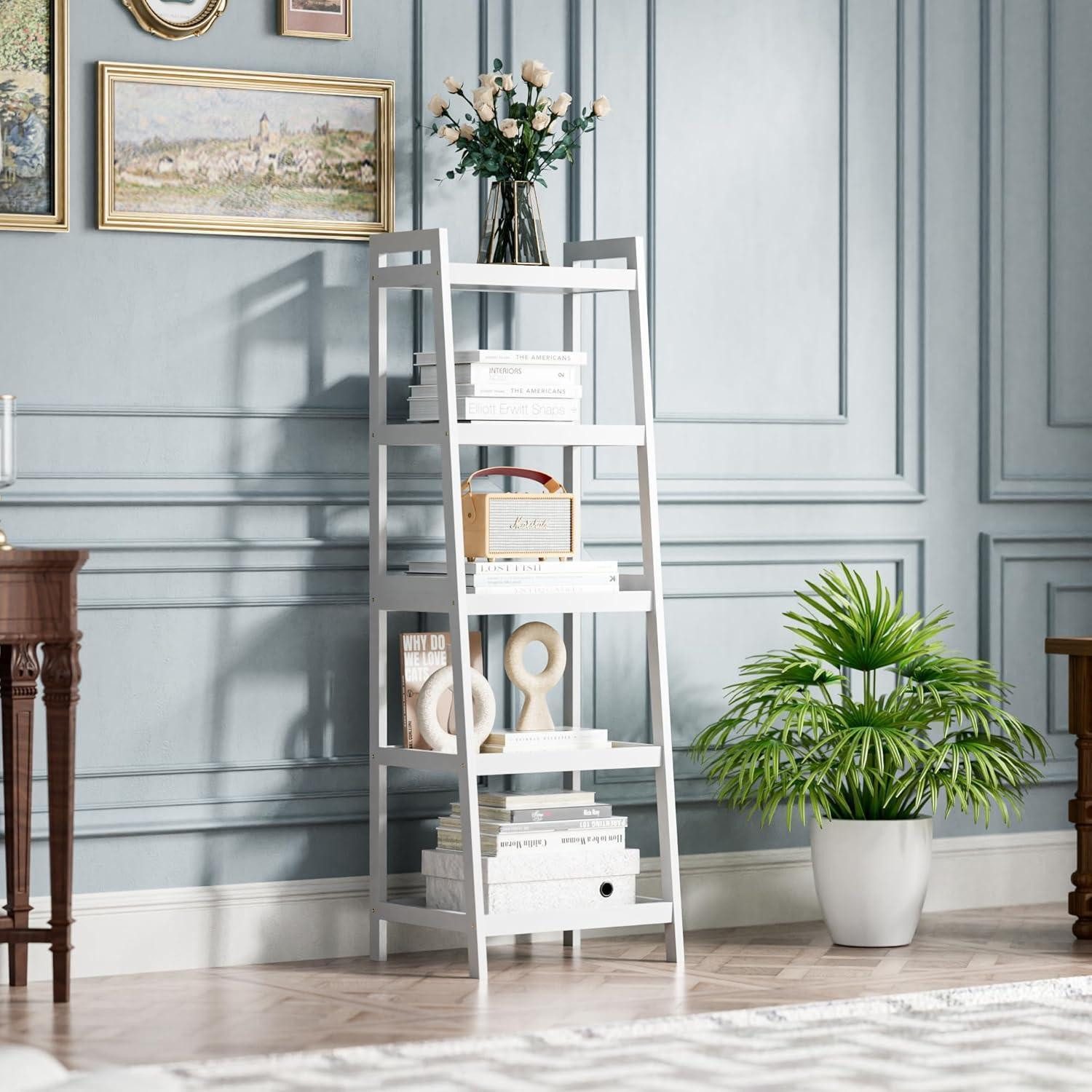 LuxusKollektion Leiterregal Bücherregal Bambusleiter Pflanzenständer Weiß 5 Ablagen (127cm H)