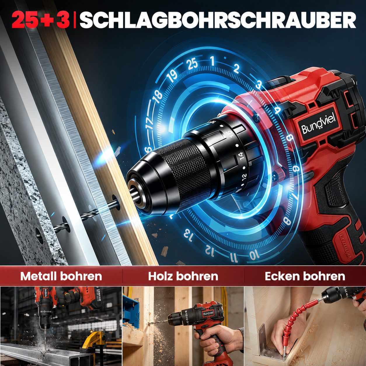 Bundviel Akku-Bohrschrauber 21V Akkuschrauber 3in1 Akkubohrer Bohrmaschine mit 2 Akkus, max. 1800 U/min, (Set, mit 2 x 2000mAh Akkus & 27-tlg), 2 Gang, 25+3 Drehmomentstufen, Akku-Schlagbohrschrauber