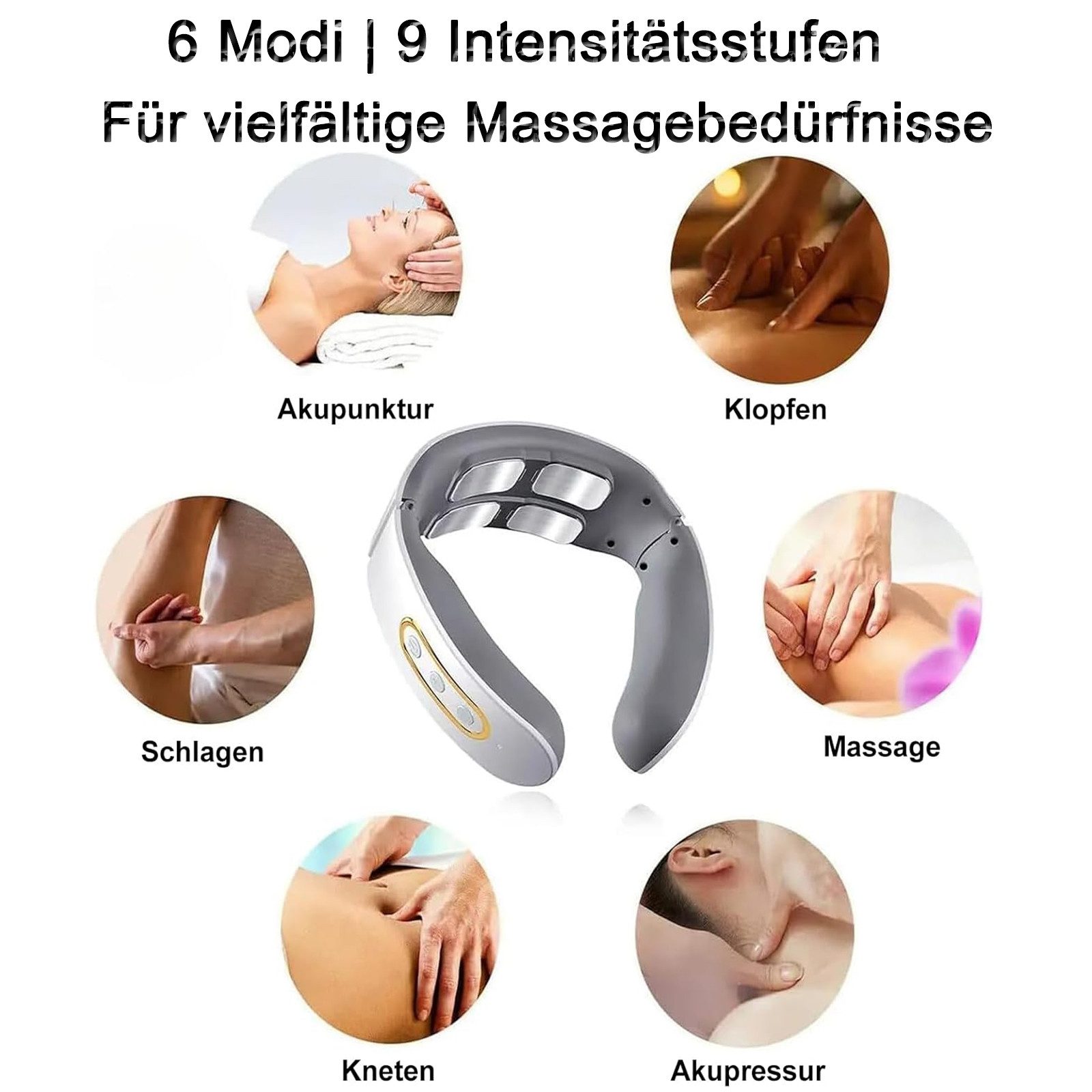 MOPUEA Nacken-Massagegerät Elektrisches Nackenmassagegerät mit Wärmefunktion kabellos 6 Modi, Massagegerät, Kabelloses Nackenmassagegerät mit Wärme und 6 Modi, Kabellos, Wärmefunktion, kompakt, ergonomisch, tragbar
