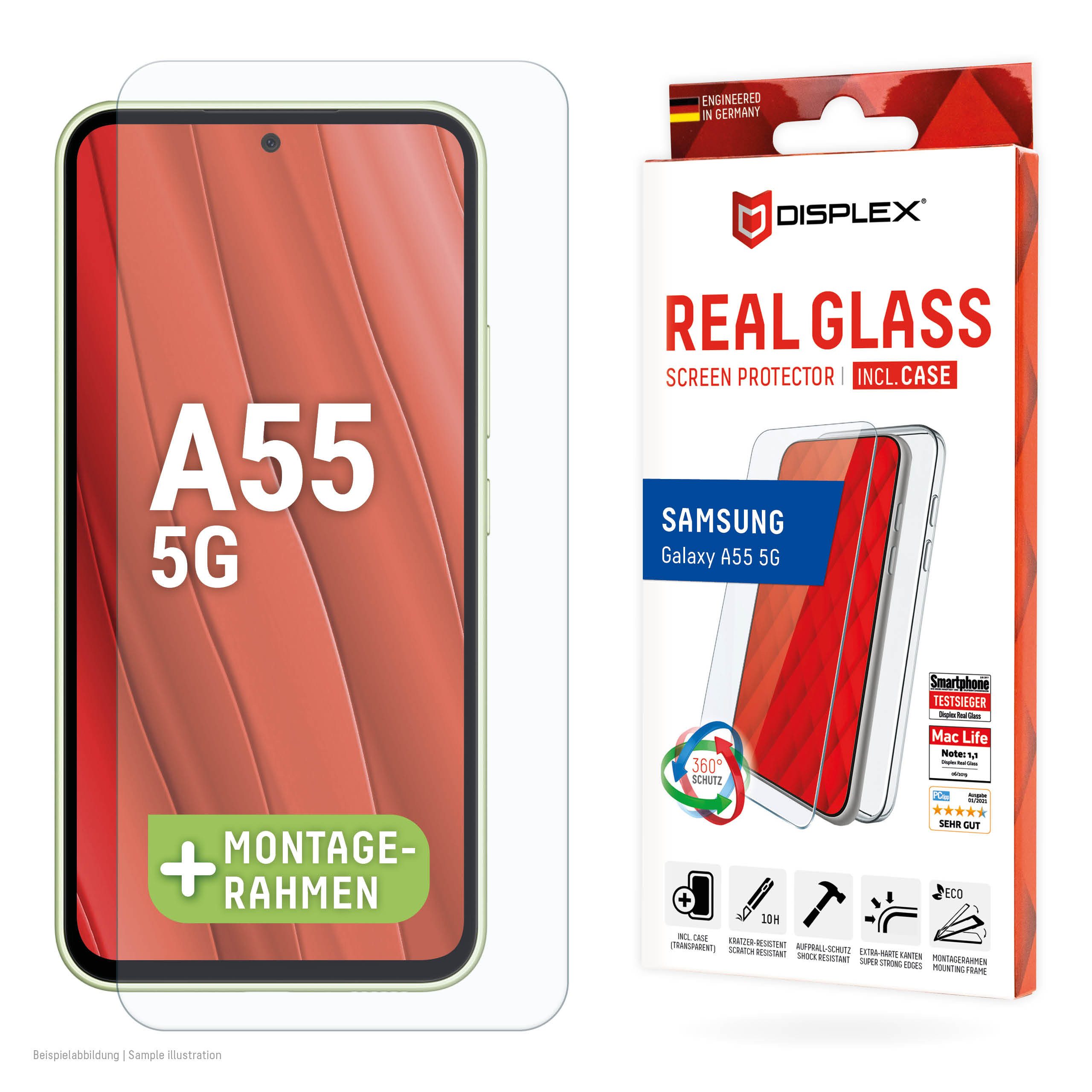 Displex Displayschutzglas Real Glas Screen Protector incl. Case für Samsung Galaxy A55 5G für Samsung Galaxy A55 5G, Displayschutzglas + Case, 1 Stück