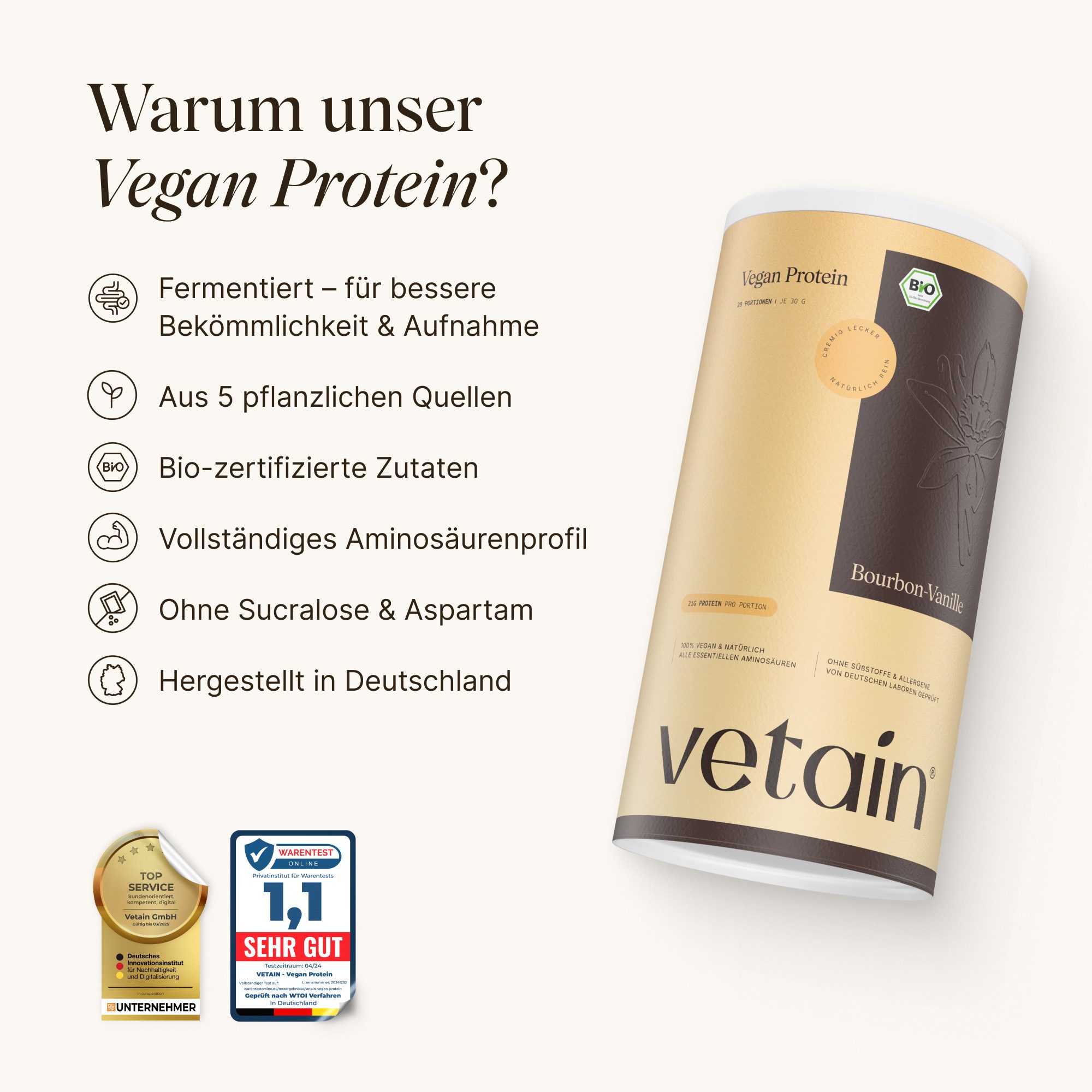 VETAIN Vegan Protein Pulver, 600 g, 5 Proteinquellen mit fermentierten Erbsen & Reis