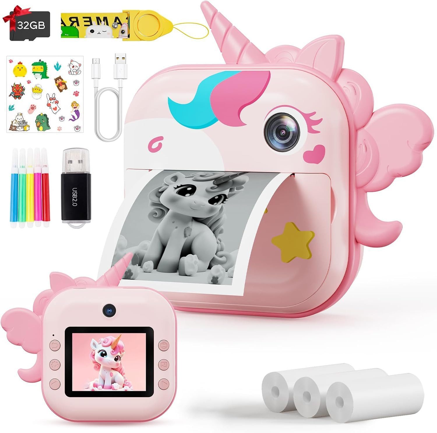 Vivitar mit 48MP & 1080P HD Video, Sofortbildkamera mit 32GB Speicherkarte Kinderkamera (48 MP, inkl. Selfie, Zeitraffer & lustigen Rahmen, Kreative Geschenkidee für Kinder, 2.4" IPS Bildschirm, Spielen & Musikplayer, mit Druckfunktion)