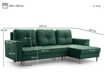 MOEBLO Ecksofa CARL, Ottomane Links als auch rechts montierbar Couch für Wohnzimmer, Schlafsofa Sofagarnitur Sofa Eckcouch L-Form Wohnlandschaft, mit Bettkasten und Schlaffunktion