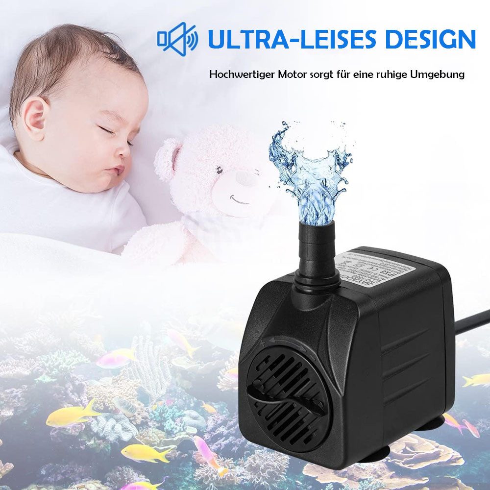 TUWENA Springbrunnenpumpe Mini Wasserpumpen(1000L/H,15W),Ultra Leise Aquarium Pumpe mit Hohe Hub, Brunnenpumpe mit 1,5m Netzkabel,1 Düsen für Aquarien,Teich,Hyd – Bild 4 von 5