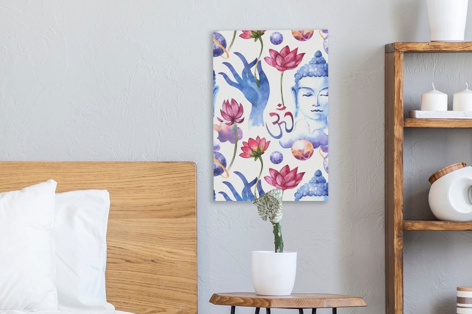 OneMillionCanvasses® Leinwandbild - 20x30 cm Zackenaufhänger, inkl. (1 Gemälde, Buddha bespannt Hand, - Leinwandbild St), Muster fertig