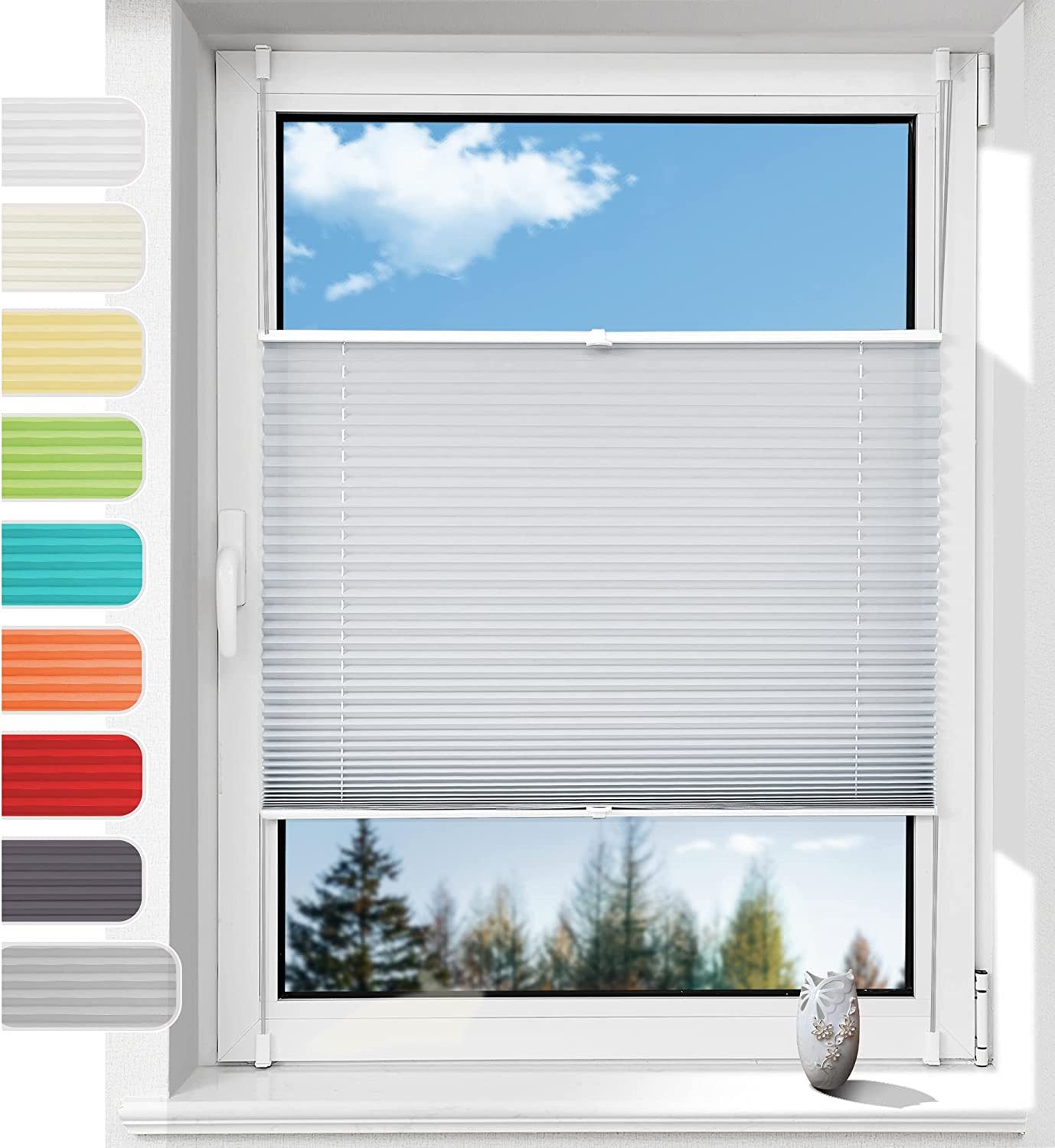 OUBO Plissee ohne Bohren Klemmfix, lichtdurchlässig Rollo, Lichtschutz, Easyfix, mit Klemmträger, Sichtschutz und Sonnenschutz für Fenster & Tür