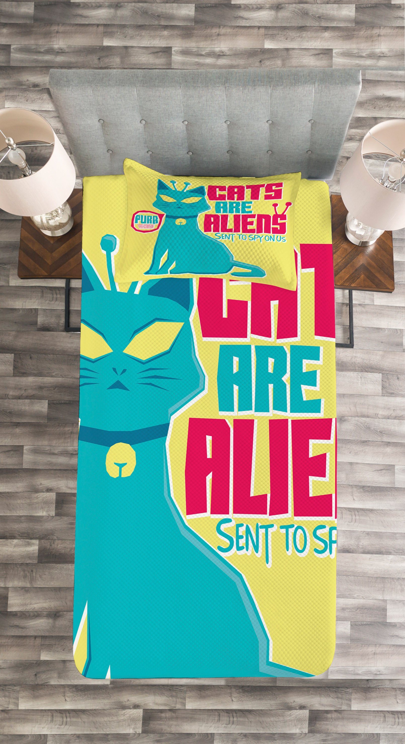 Waschbar, Set Katzen Cartoons Abakuhaus, sind mit Alien Tagesdecke Humorvoll Kissenbezügen