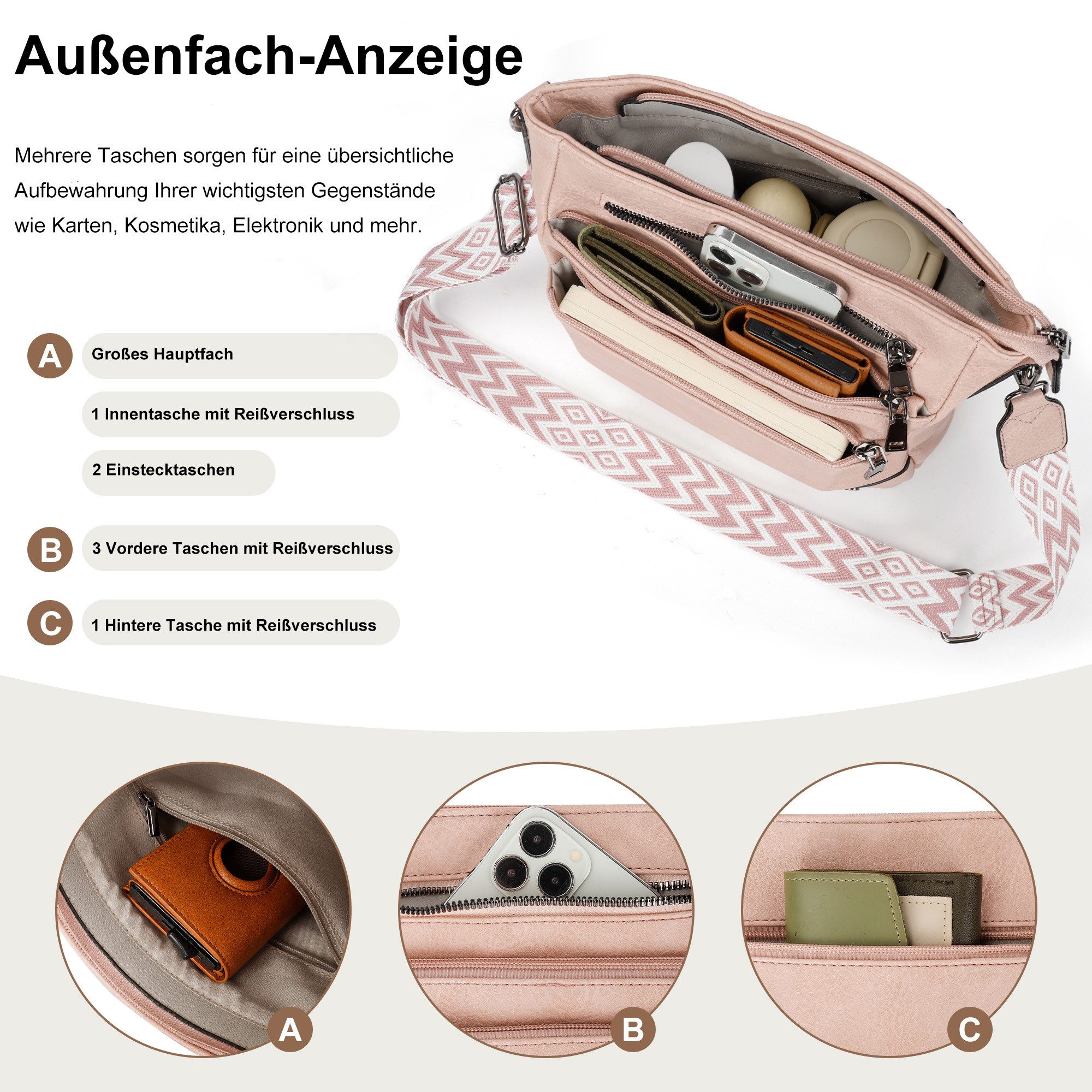 TAN.TOMI Umhängetasche Damen Mittelgroß Schultertasche Mehrere Taschen Crossbody Bag, Mit Verstellbarem Gurt für Schule Arbeit Reisen Ausflug Einkauf