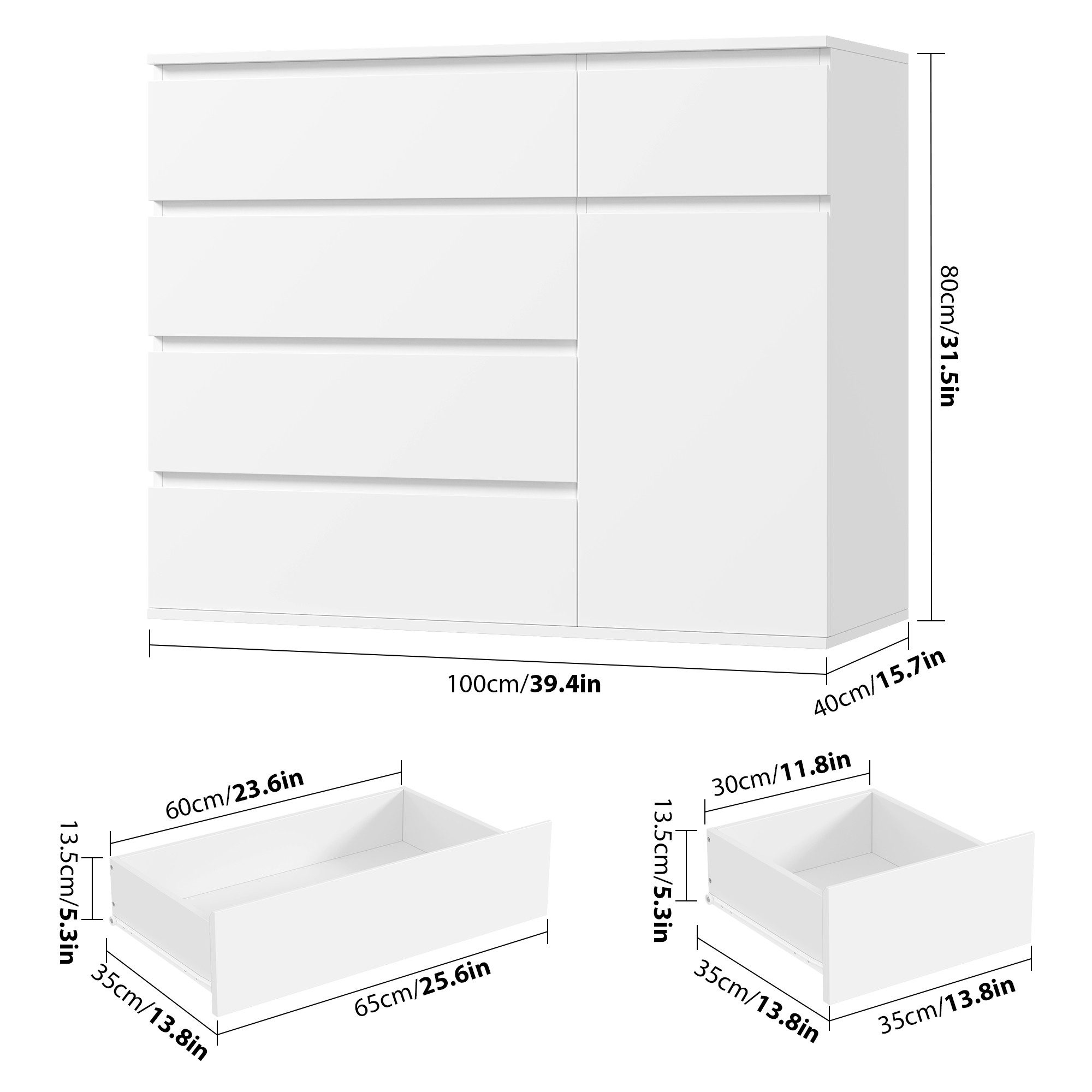 Homfa Kommode, weiß mit 5 Schubladen und 1Tür, Sideboard 100x80x40cm