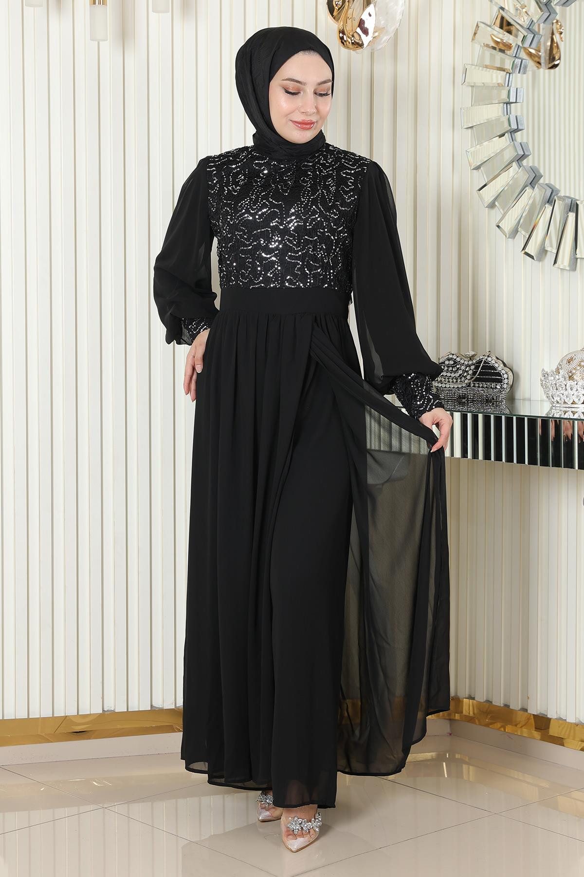 MODAMİHRAM Tunika Schwarzes Chiffon-Set mit Perlenverzierungen - MSW19190-1 günstig online kaufen