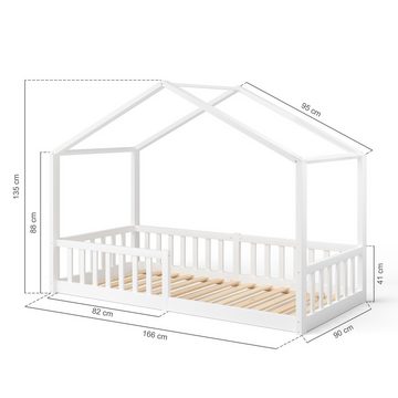 Bellabino Hausbett Bia (weiß, 80x160 cm, Bodenbett mit Rolllattenrost und Rausfallschutz), bodentiefes Kinderbett in 2 Größen
