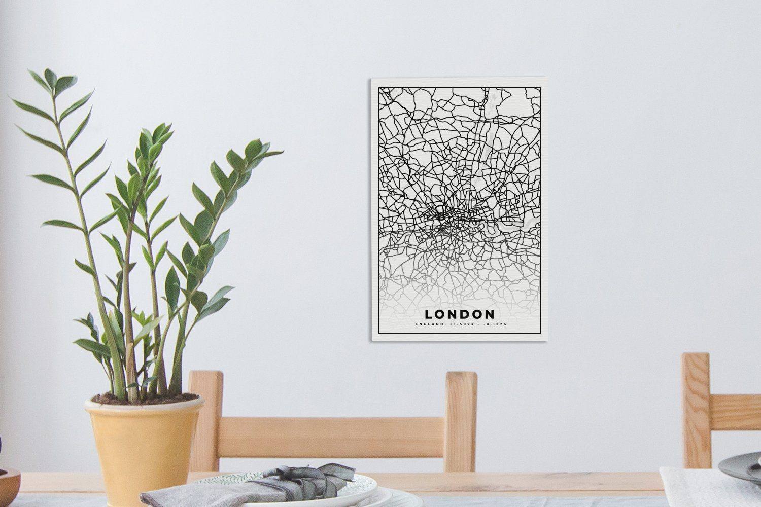 bespannt Karte, 20x30 Leinwandbild - fertig - Gemälde, inkl. (1 OneMillionCanvasses® Leinwandbild Schwarz Zackenaufhänger, - cm St), Stadtplan London und weiß