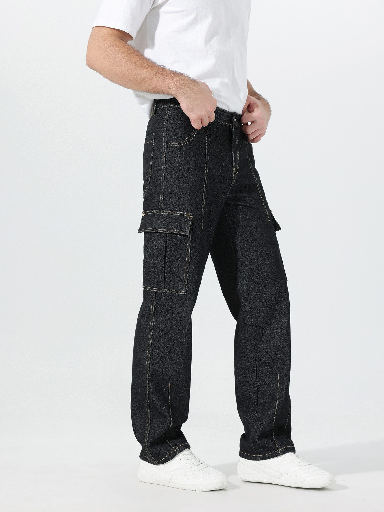 YOUTHUP Cargojeans Herren Einfarbige Freizeitjeans mit Mehrtaschen-Design Freizeithose – Bild 5 von 5