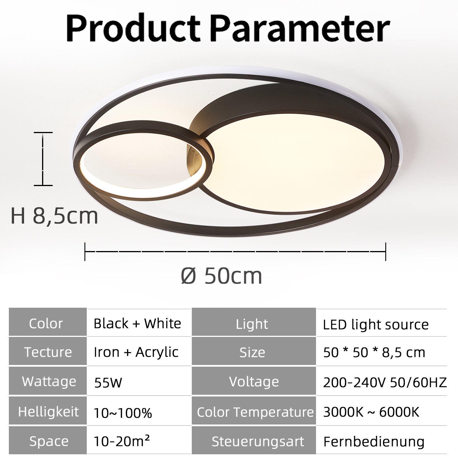 Style Home LED Deckenleuchte 93W, Dimmbar Mit Fernbedienung – 3000K-6000K, 52x52 Cm